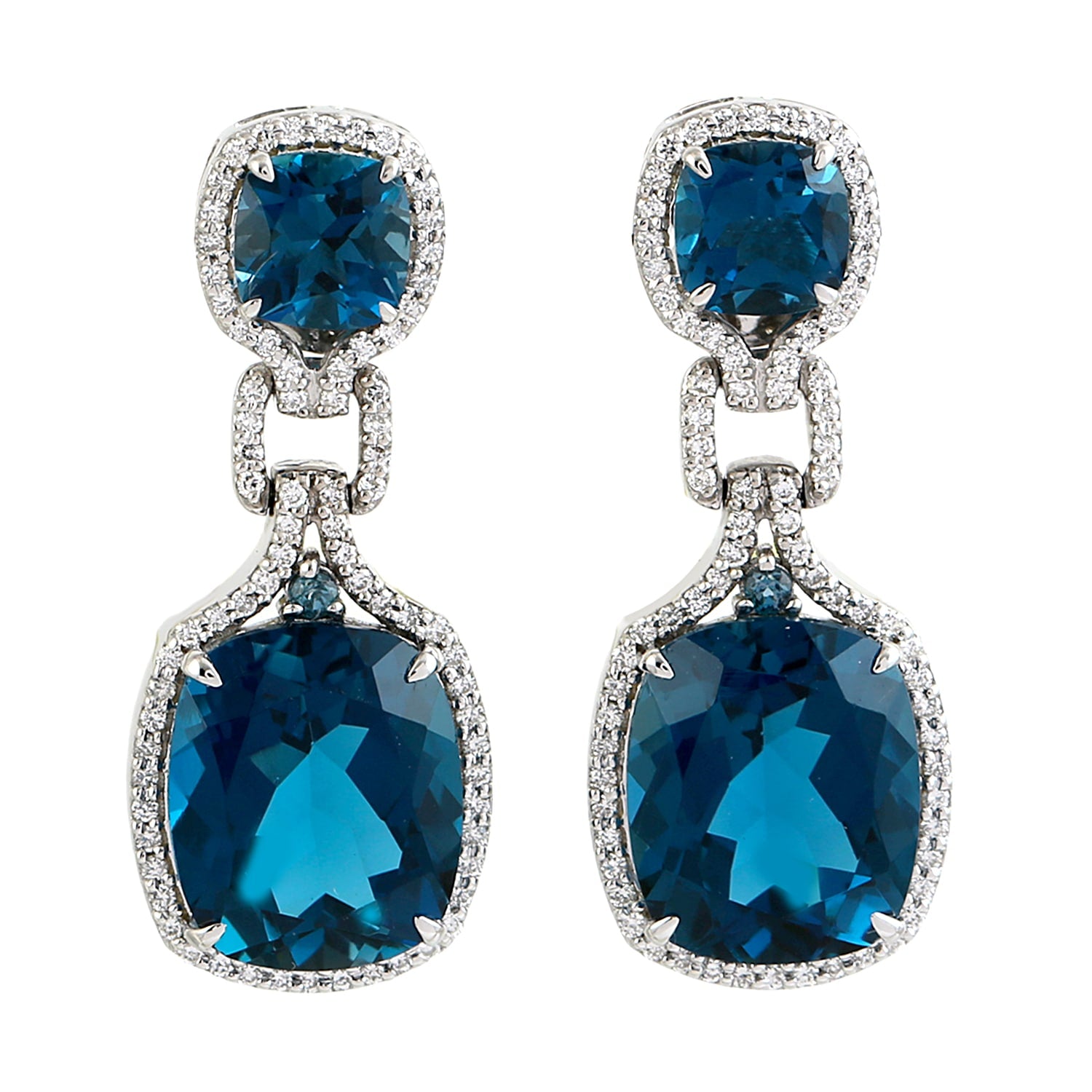 Cushion Cut London Topaz & Diamond Designer Dangle Earrings In White Gold