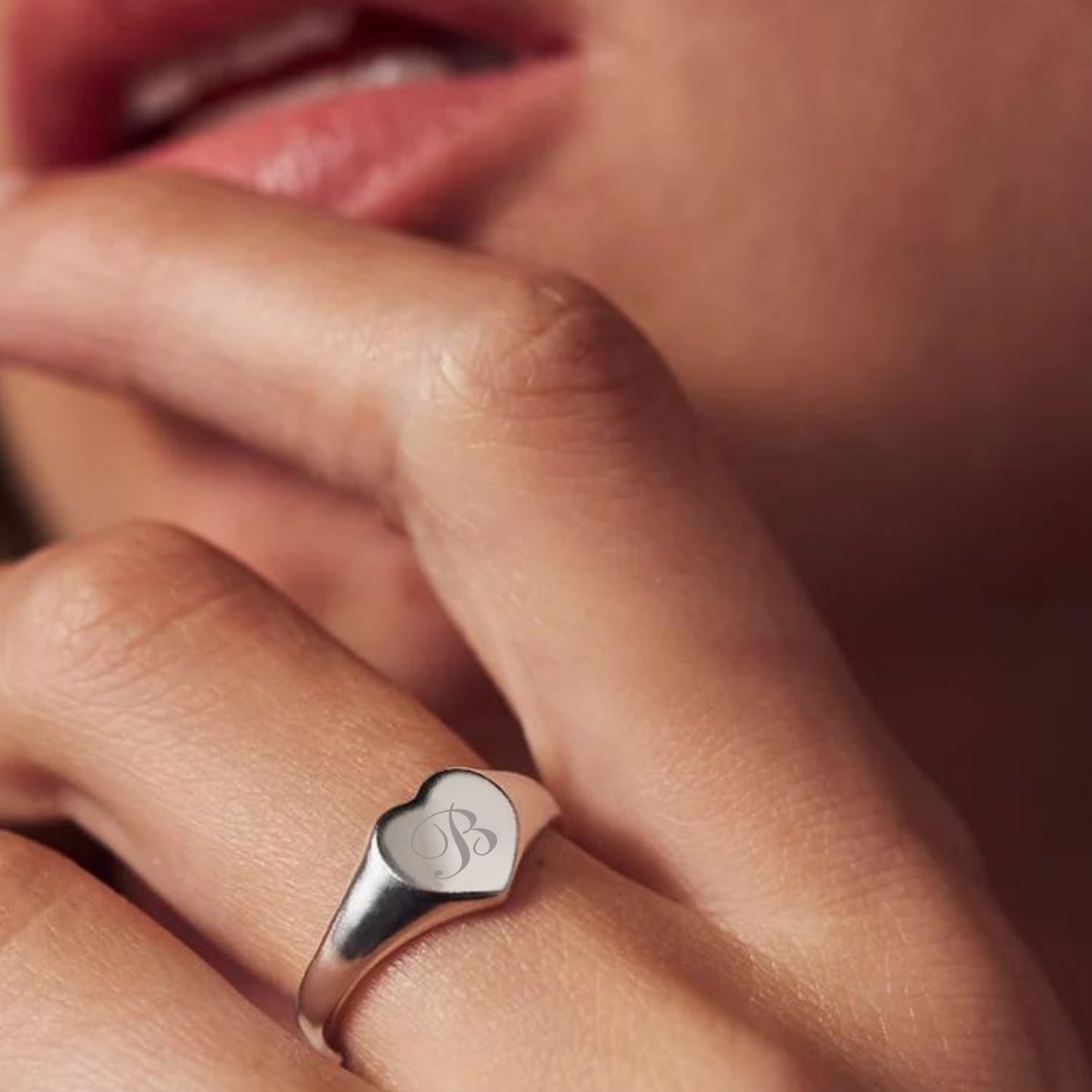 Custom Heart Shaped Chevalier Ring In Sterling Silver With -B- Initial