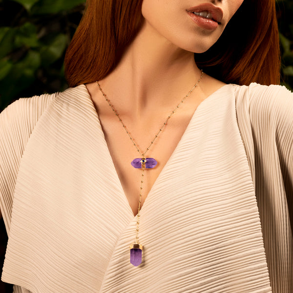 Soothing Remedy - Gold Amethyst Evil Eye Double Pointer Necklace