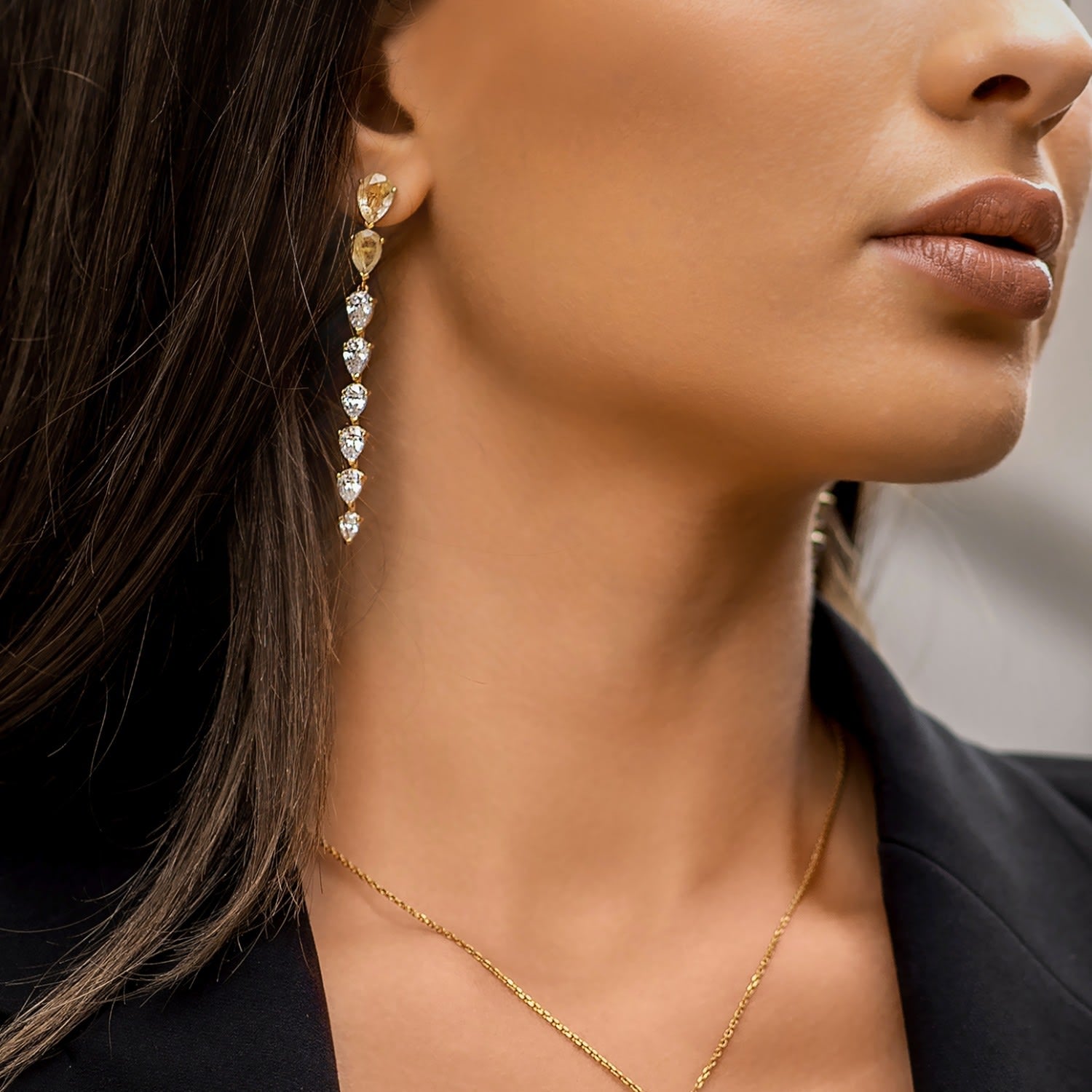 Pure Drop Earrings With Gold Rutile & Man Made Cz Diamond Stimulant In 18K Gold Vermeil