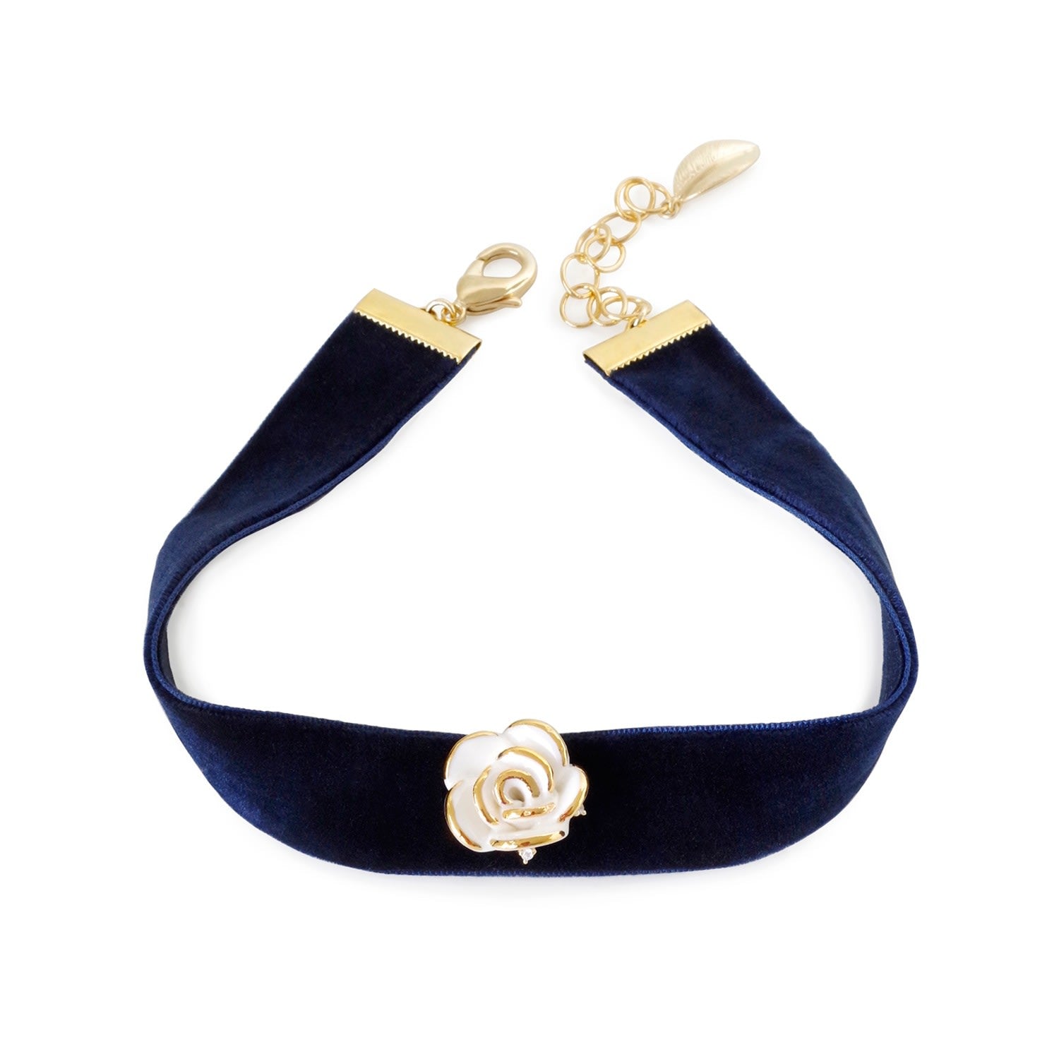 Golden White Cloud Rose Navy Velvet Choker
