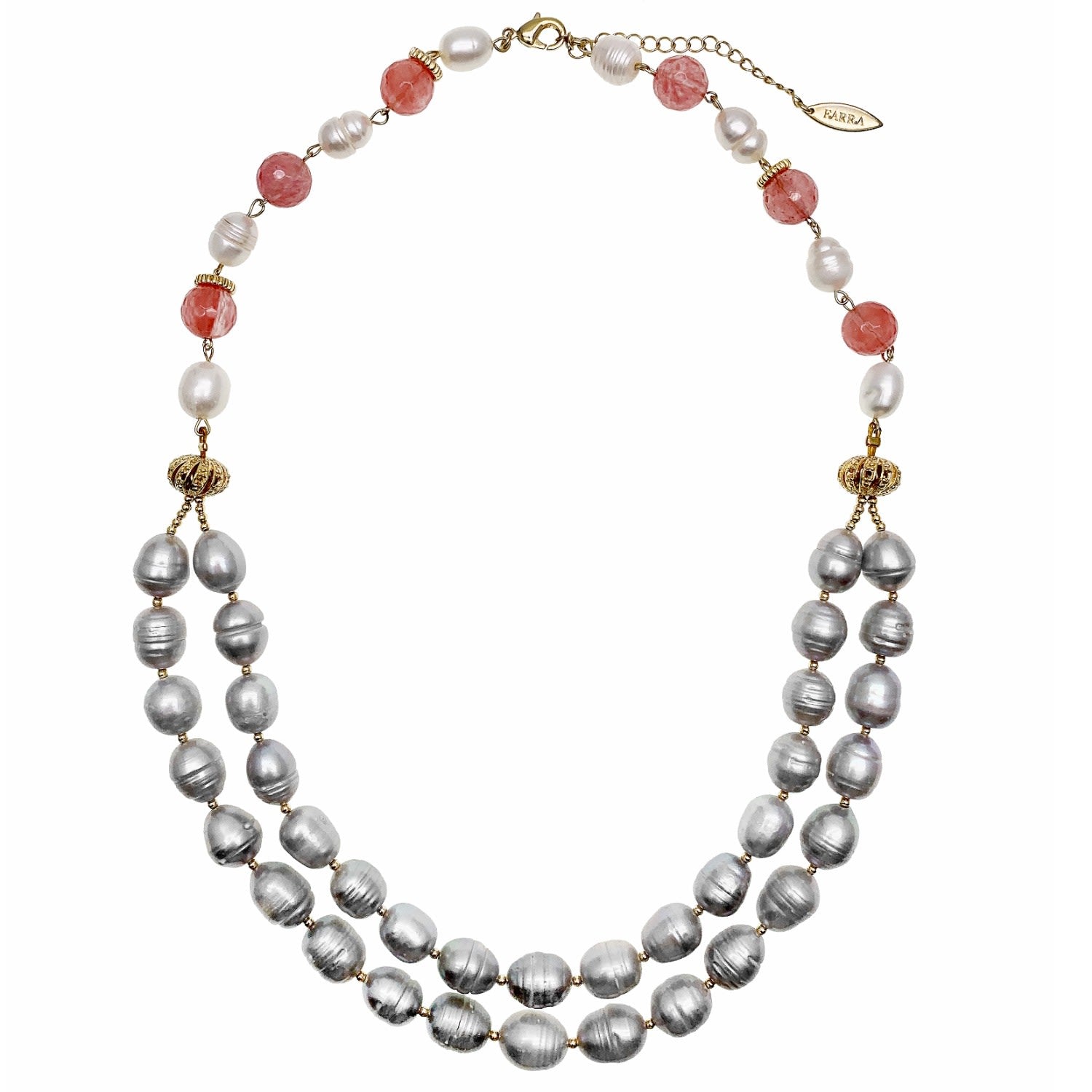 Grey Freshwater Pearls With Watermelon Quartz Double Strands Necklace