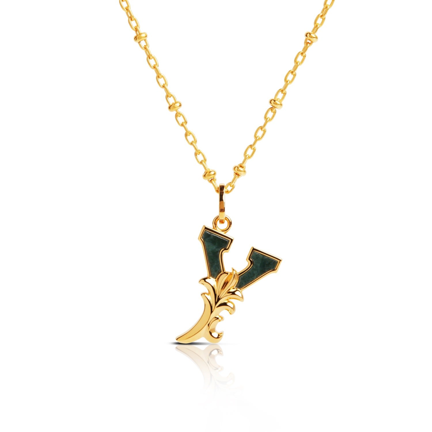 Gold Plated Y Initial Necklace With Green Marble