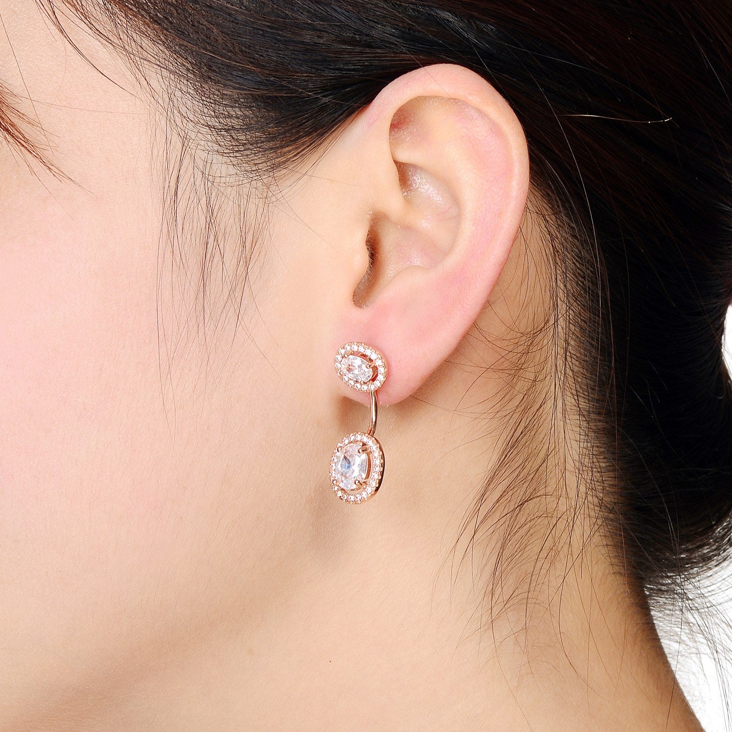 Cz Rose Plated Sterling Silver Oval Ear Puff Earrings
