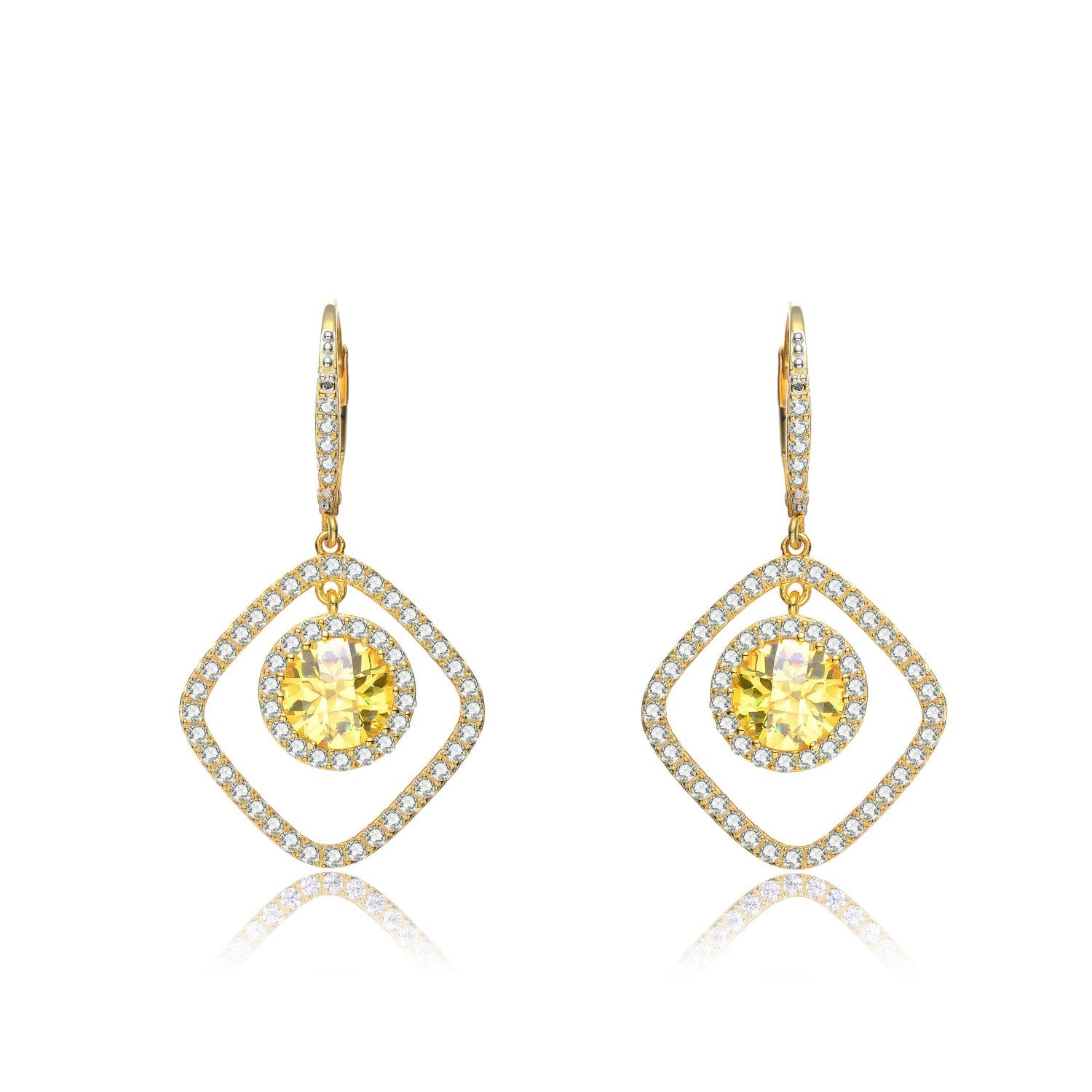 Sterling Silver Gold Plated With Clear Cubic Zirconia Square Drop Earrings