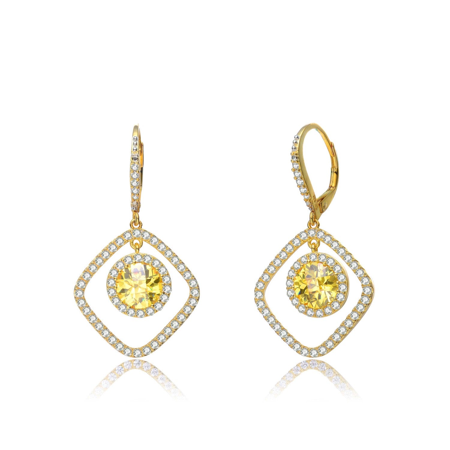 Sterling Silver Gold Plated With Clear Cubic Zirconia Square Drop Earrings
