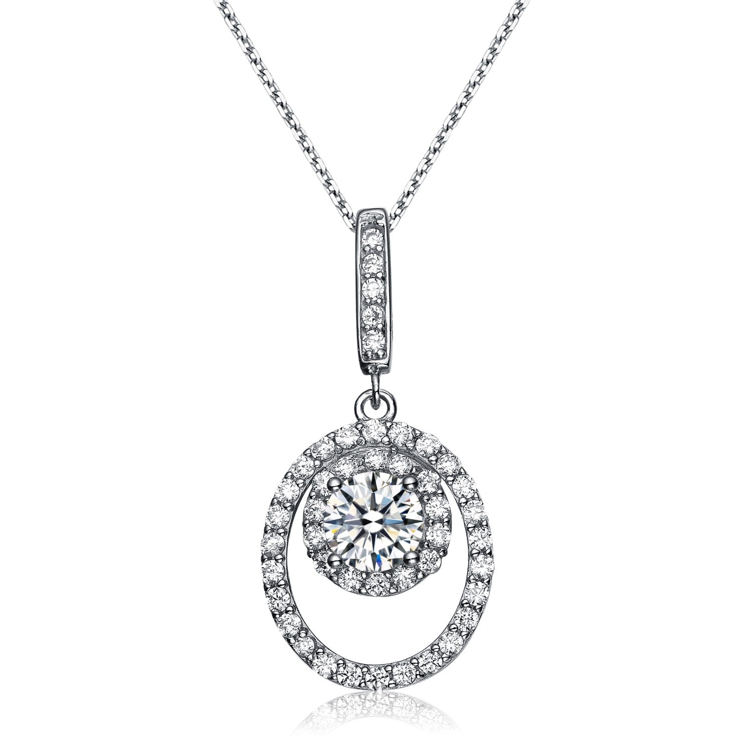 Cz Sterling Silver White Gold Plated Oval Drop Pendant