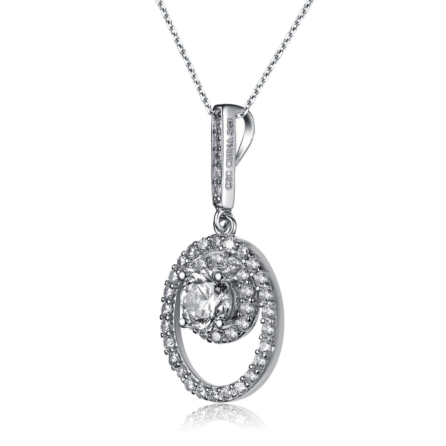 Cz Sterling Silver White Gold Plated Oval Drop Pendant