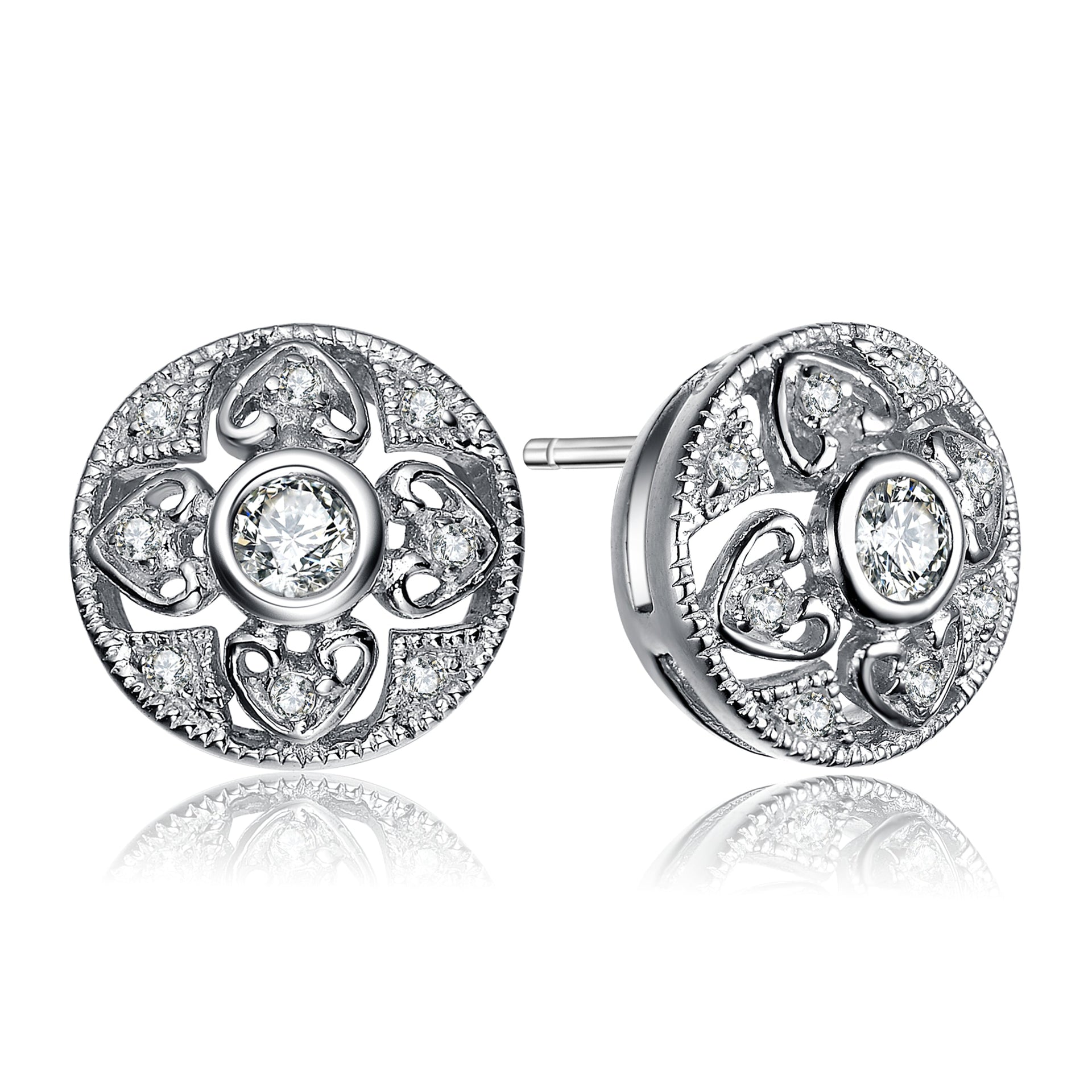 Cz Sterling Silver White Gold Plated Round Stud Earrings