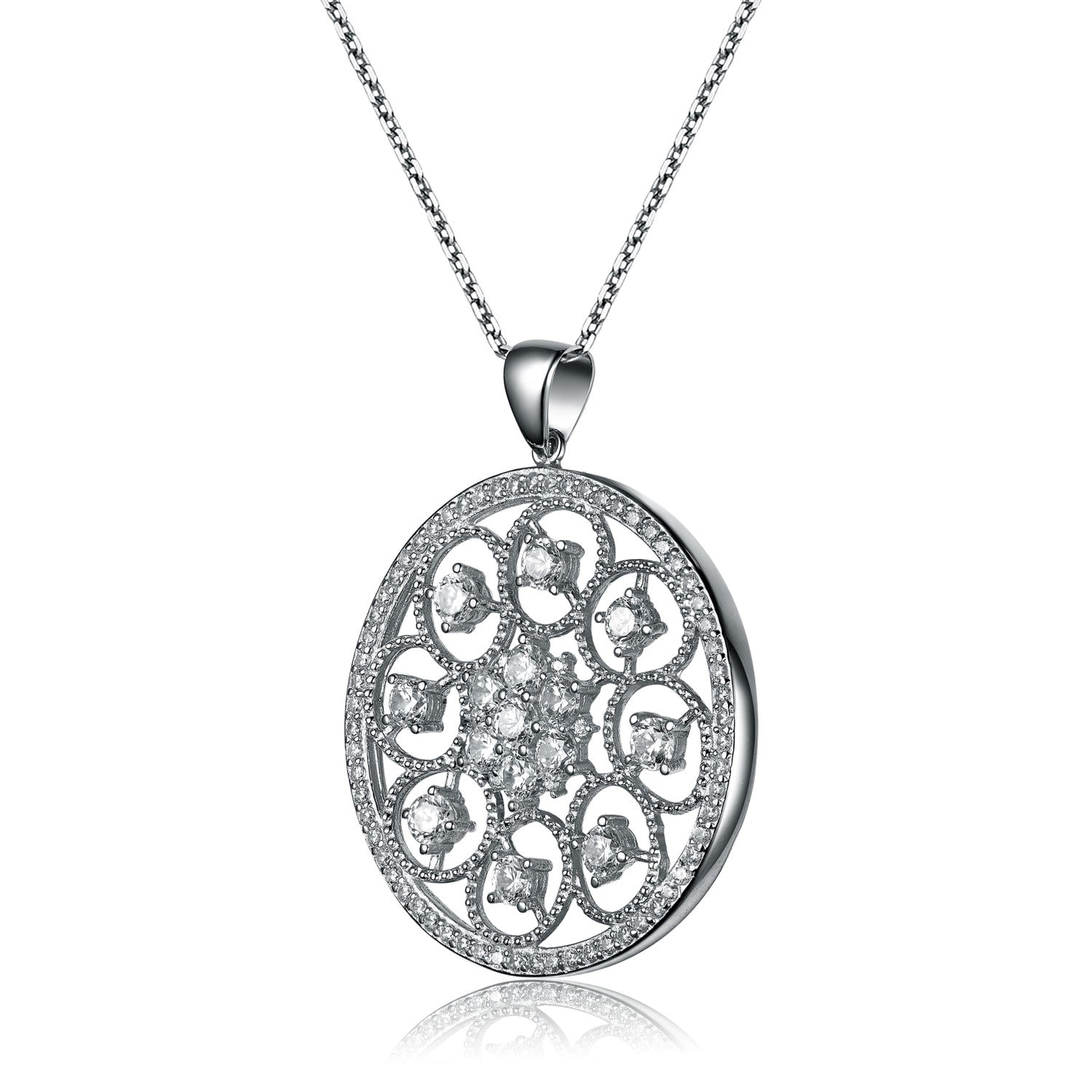 Cz Sterling Silver White Gold Plated Round Pendant