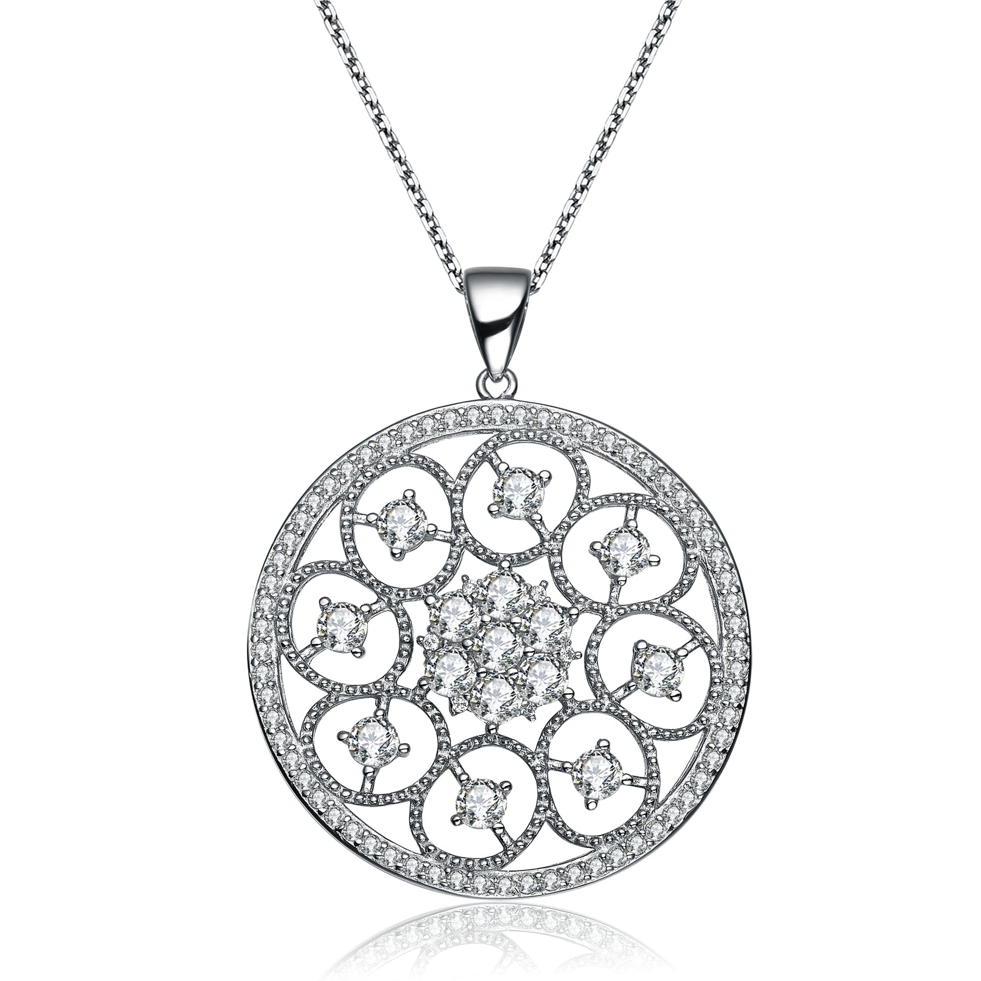 Cz Sterling Silver White Gold Plated Round Pendant