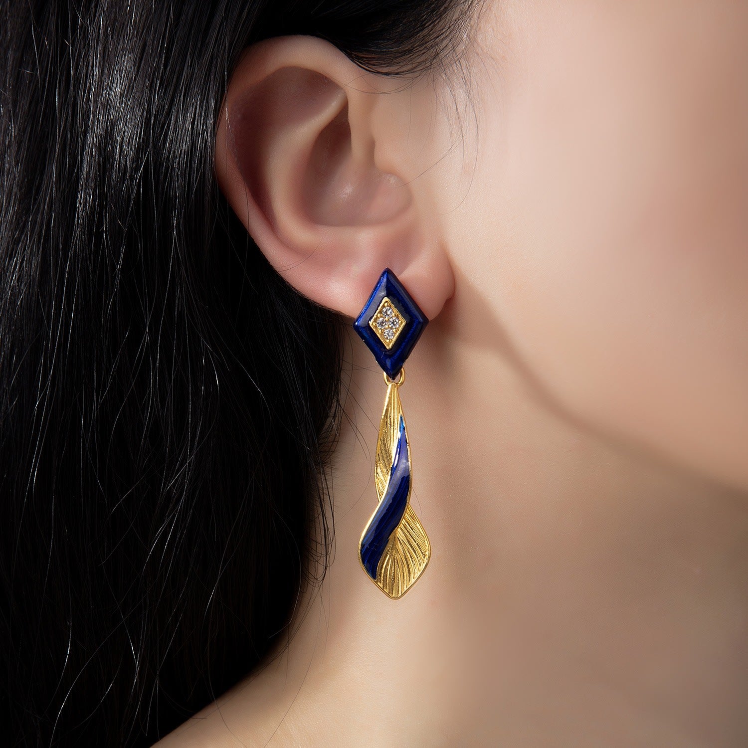 Navy Blue & Gold Infinity Earrings With Zircon