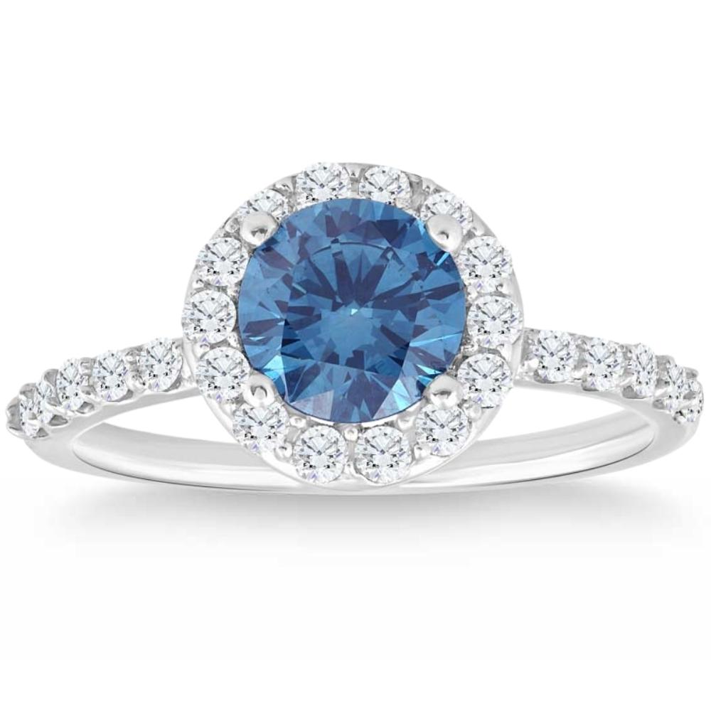 2 ct TW Blue & White Diamond Halo Engagement Ring in 14k White Gold