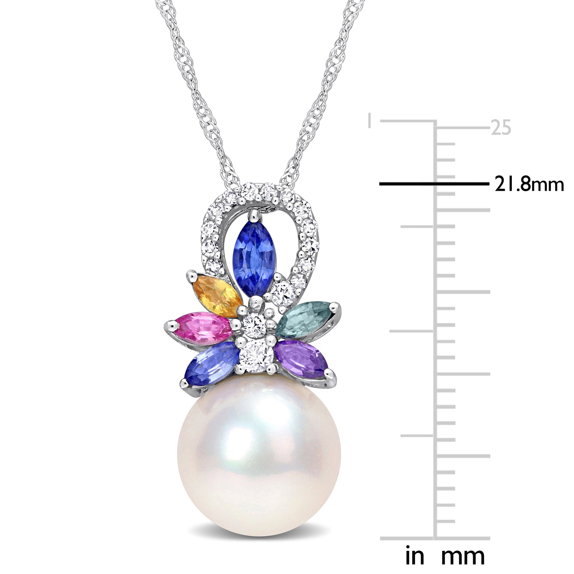 9.5-10 MM Cultured Freshwater Pearl and 4/5 CT TGW Multi Sapphire (Light Blue, White, Yellow, Pink, Purple & Green) and Diamond Accent Flower Pendant with Chain in 14k White Gold