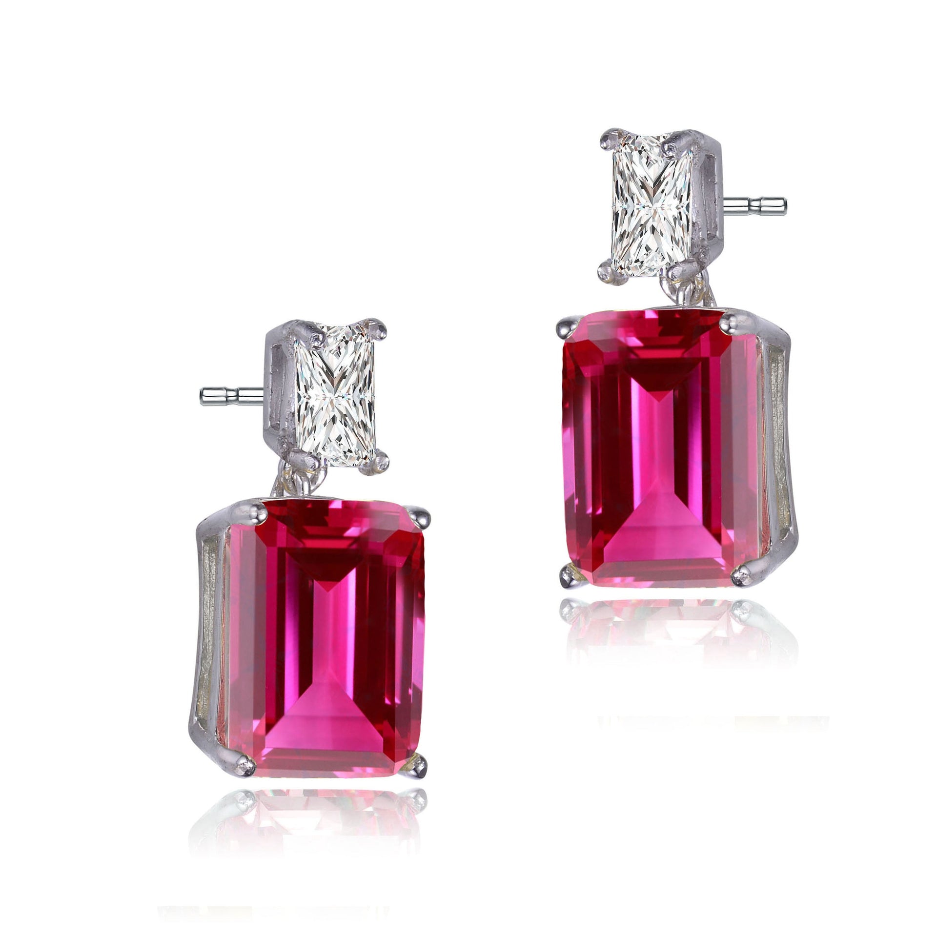 Sterling Silver Ruby Cubic Zirconia Rectangle Stud Earrings