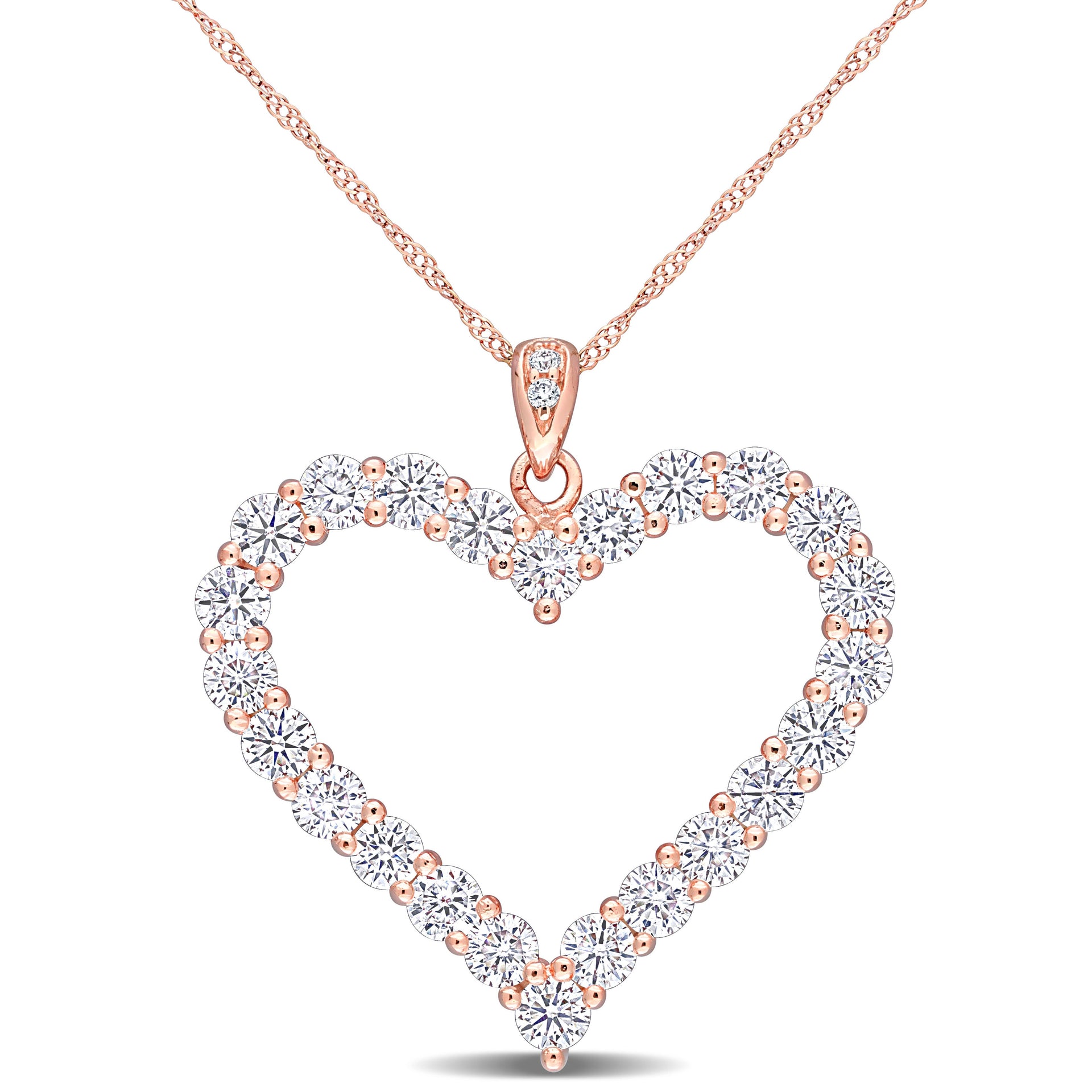 2 2/5 CT DEW Created Moissanite Heart Pendant with Chain in Rose Gold Plated Sterling Silver
