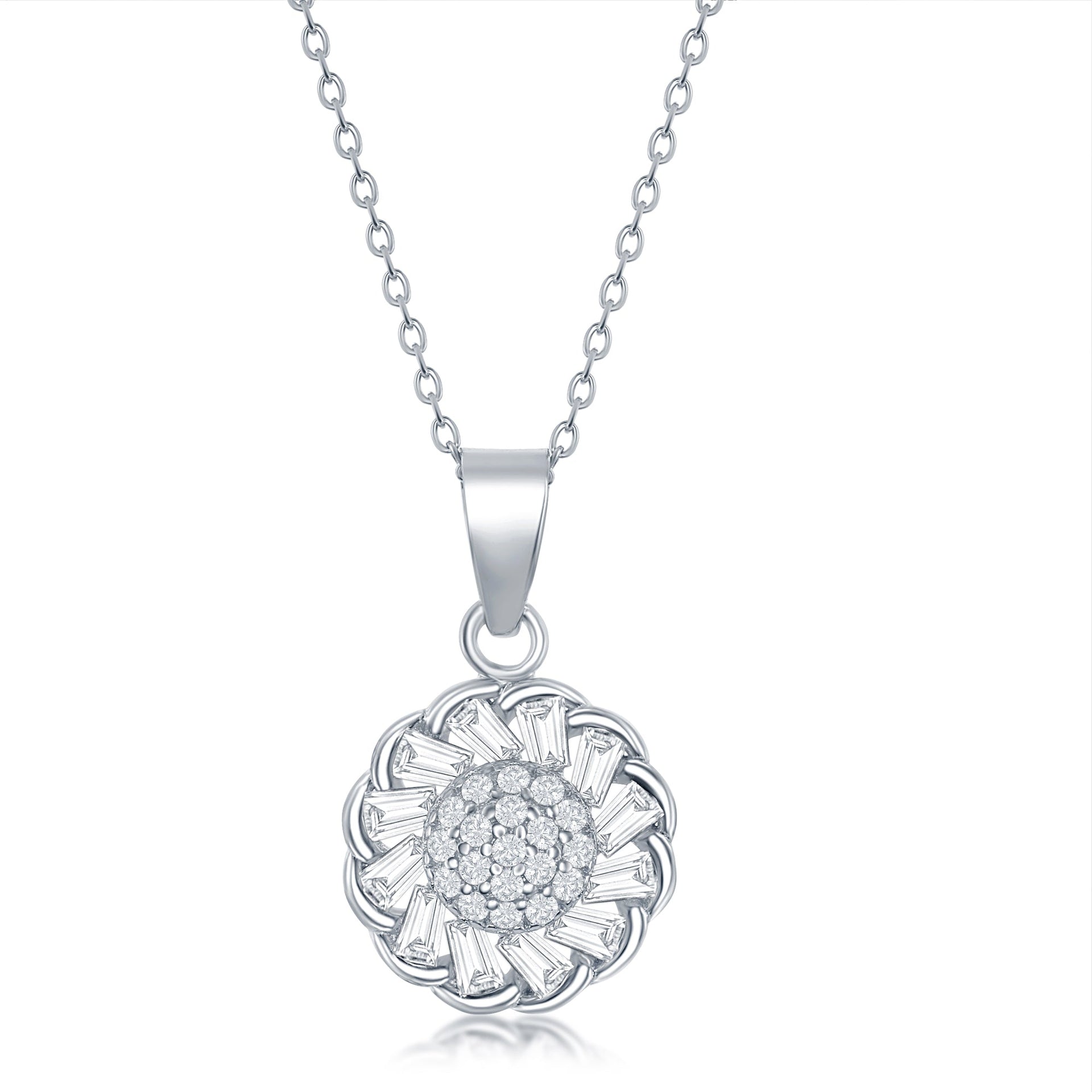 Sterling Silver Micro Pave Center & Baguette CZ Border Flower Design Necklace