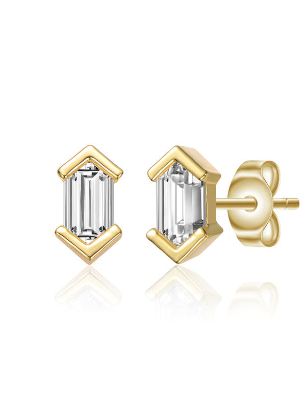 Sterling Silver With Clear Mini Cubic Zirconia Baguette Geometric Stud Earrings