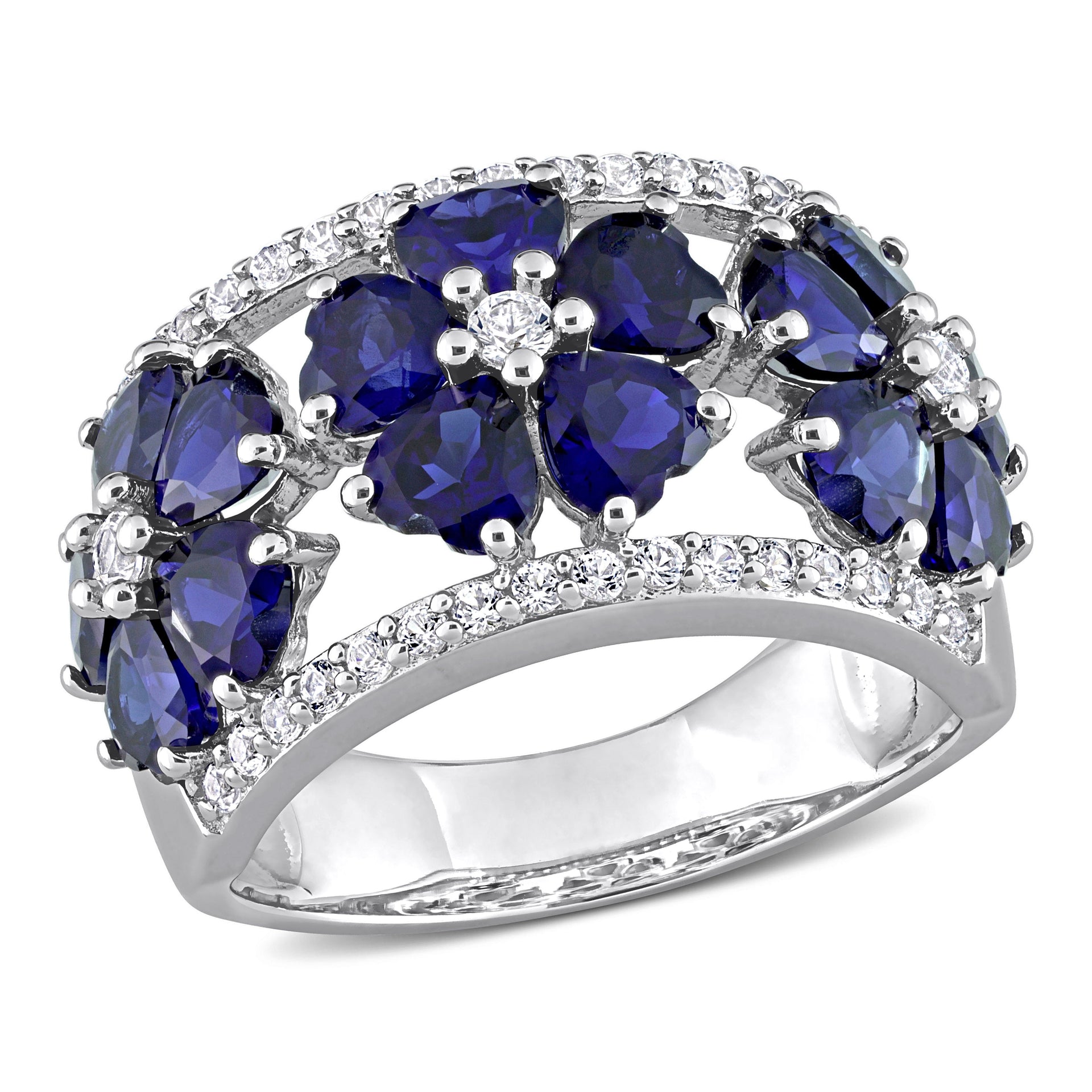 4 1/2 CT TGW Created Blue and Created White Sapphire Floral Ring in Sterling Silver