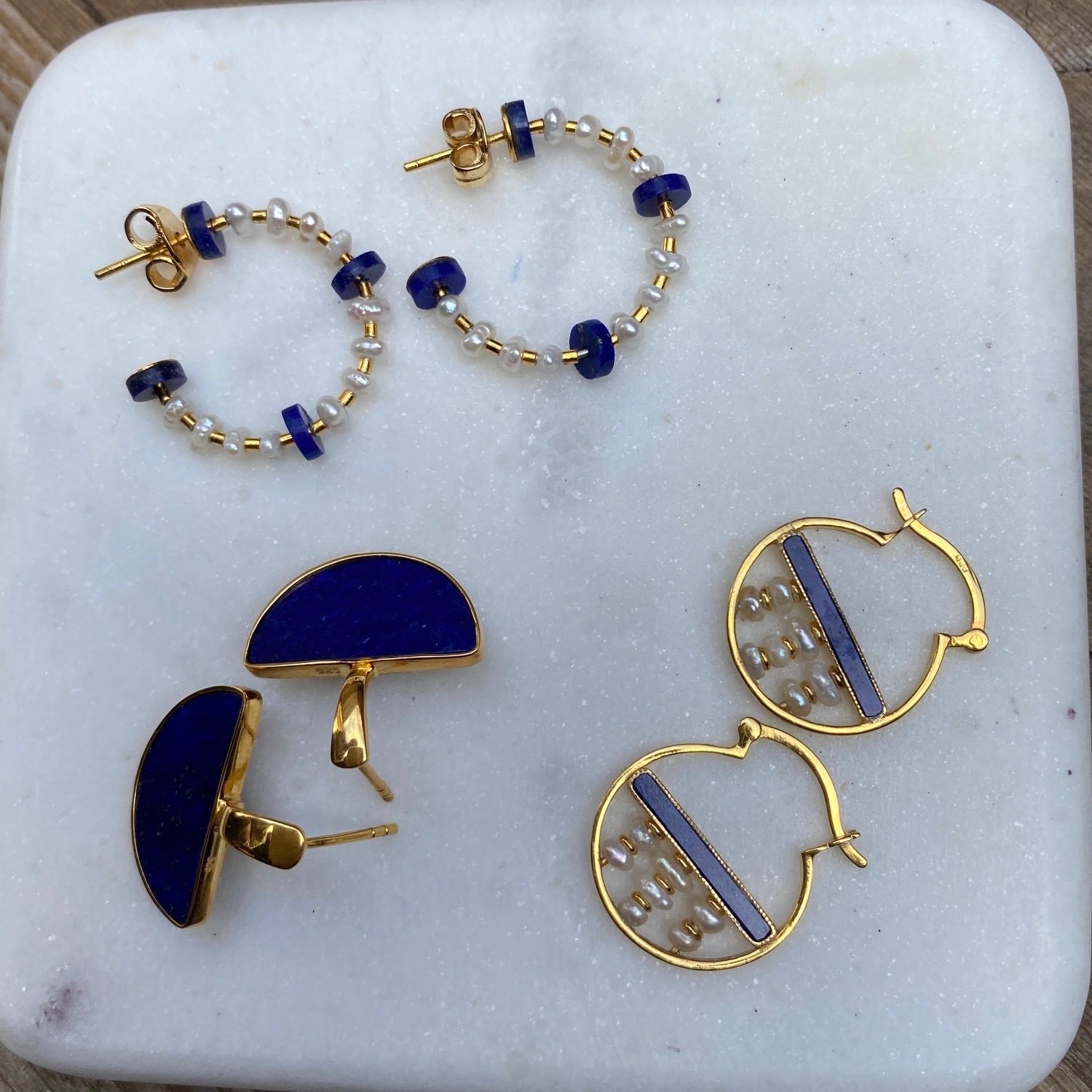 Ruri Lapis & Pearl Mini Hoops In Gold