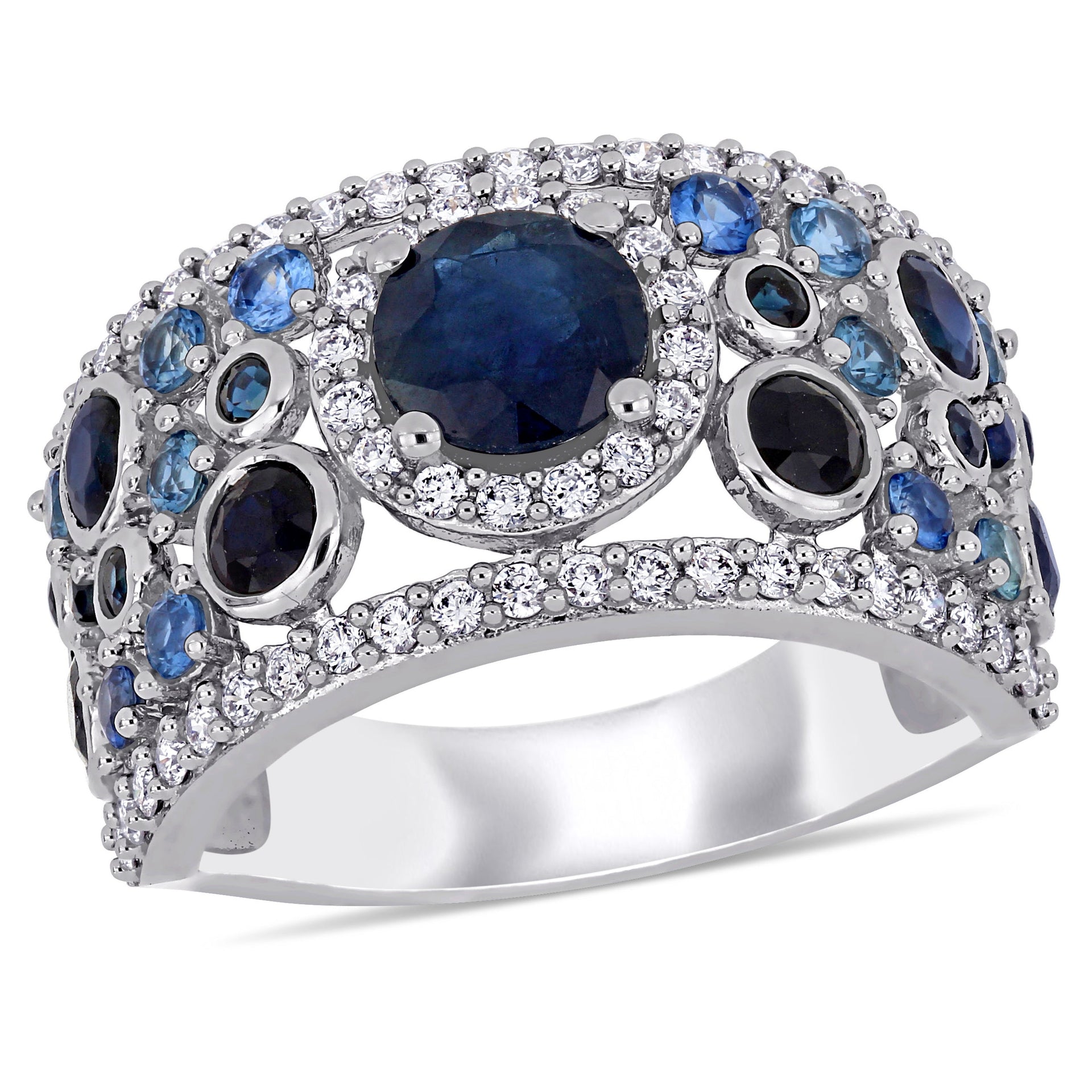 2 5/8 ct TW Sapphire and 1/2 ct TW Diamond Halo Cluster Ring in 14k White Gold