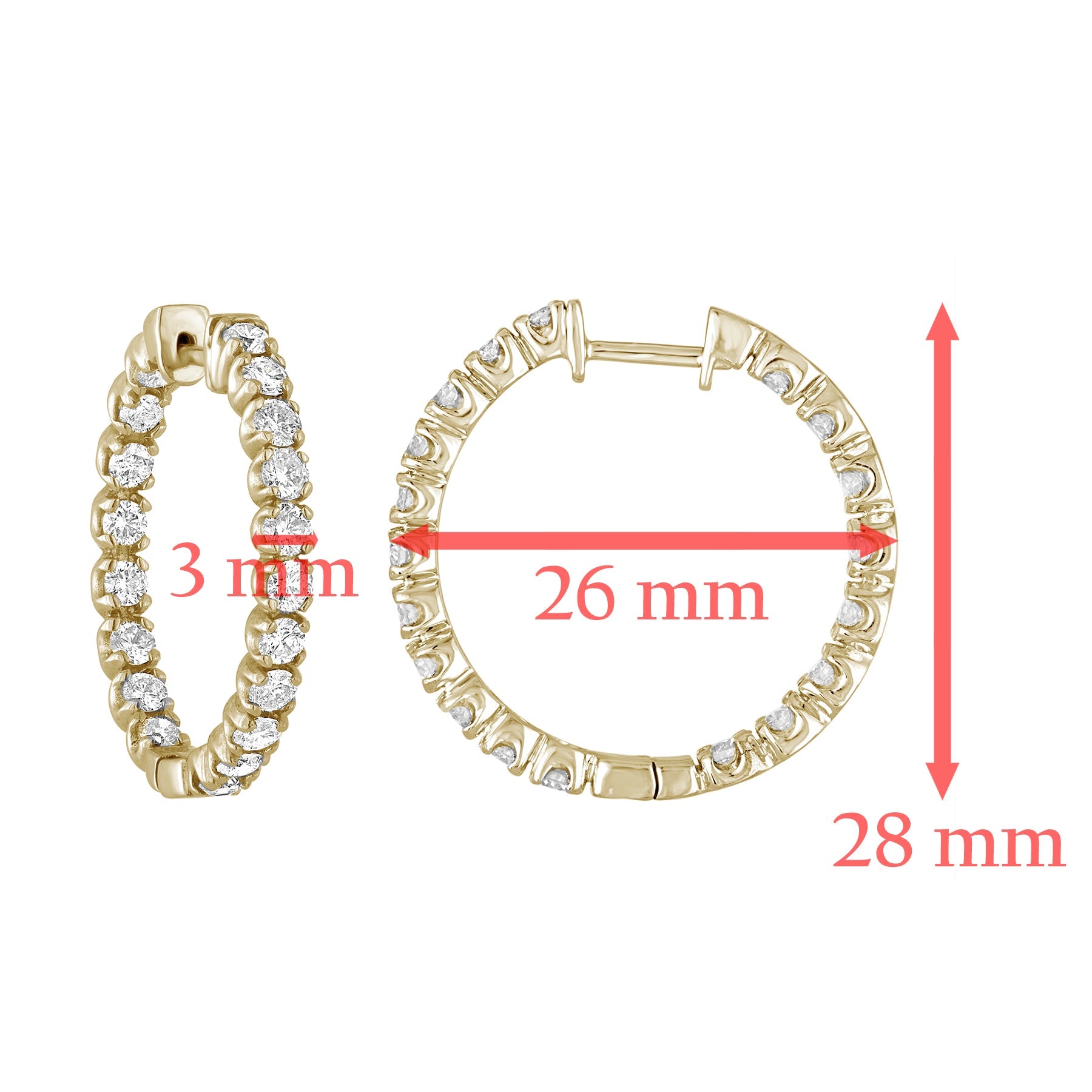 3 cttw Diamond Inside Out Hoop Earrings 14K Yellow Gold Round Prong Set 1 Inch