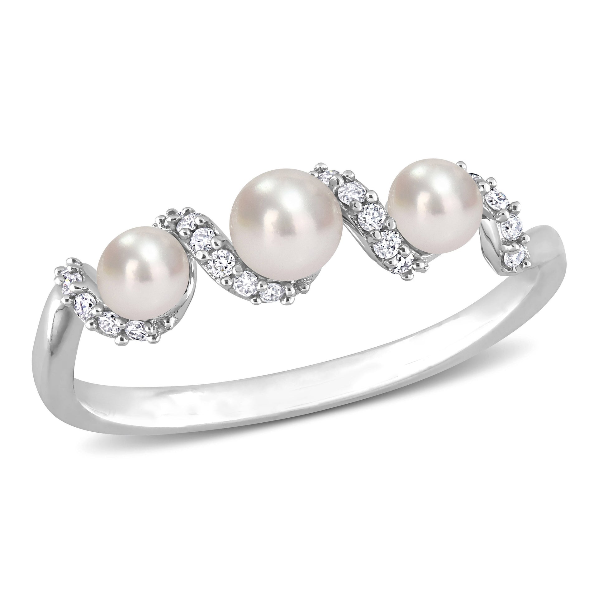 Cultured Freshwater Pearl and 1/10 CT TDW Diamond Swirl Ring in 14k White Gold