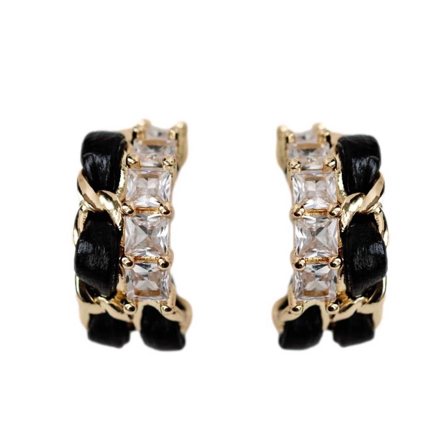 Vintage Chain Wrapped Leather Statement Hoop Earrings In Black