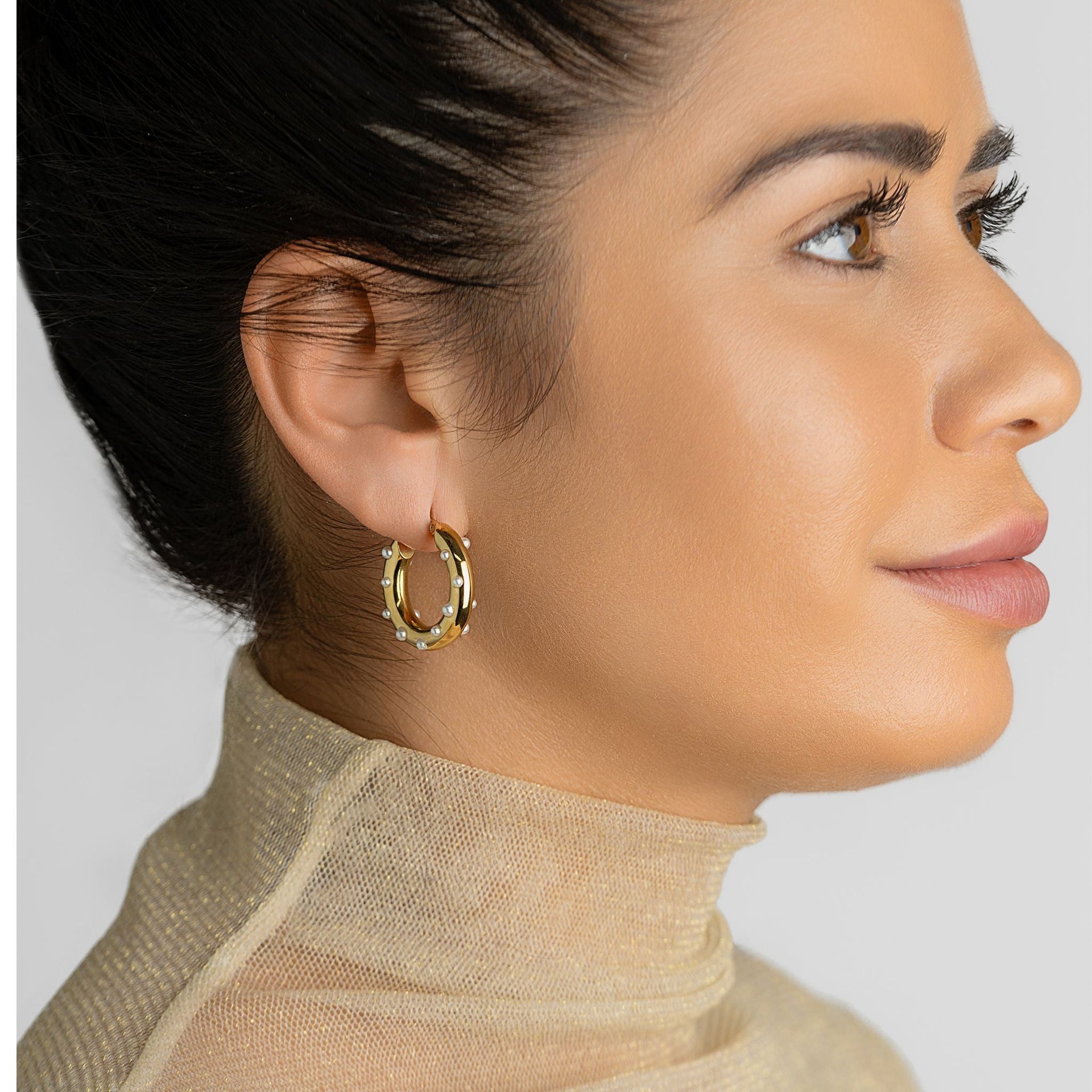 Tarnish Resistant 14K Gold Plated Pearl-Studded Hoop Earrings