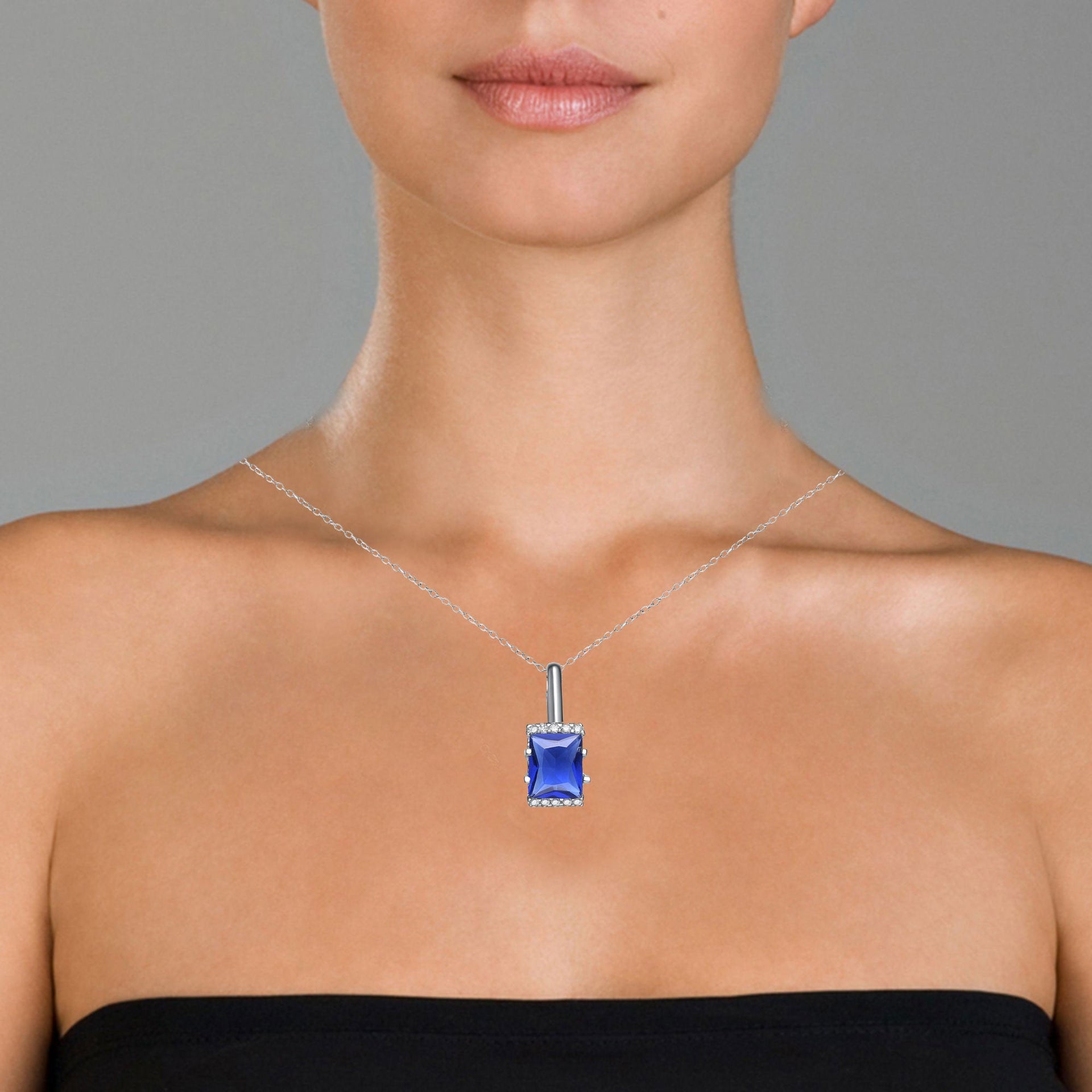 Gv Sterling Silver Blue And White Cubic Zirconia Square Necklace