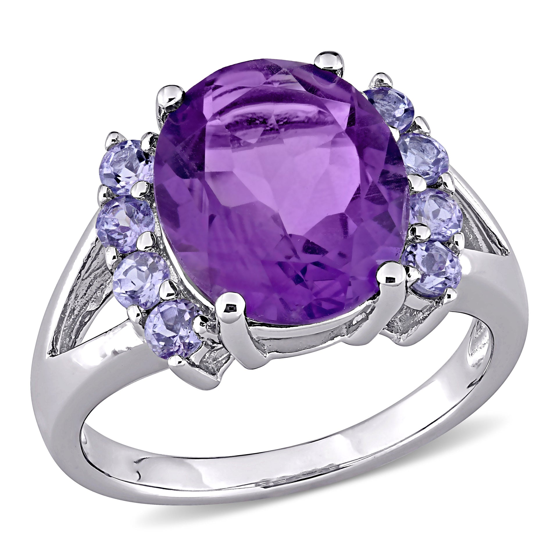 4 3/5ct TW Oval Cut Amethyst and Tanzanite Split Shank Ring in Sterling Silver