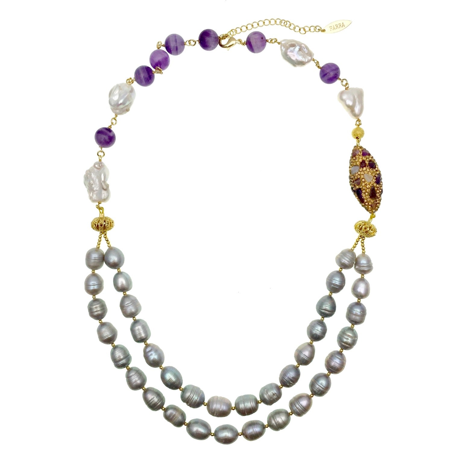 White & Grey Freshwater Pearls With Amethyst Double Strands Necklace