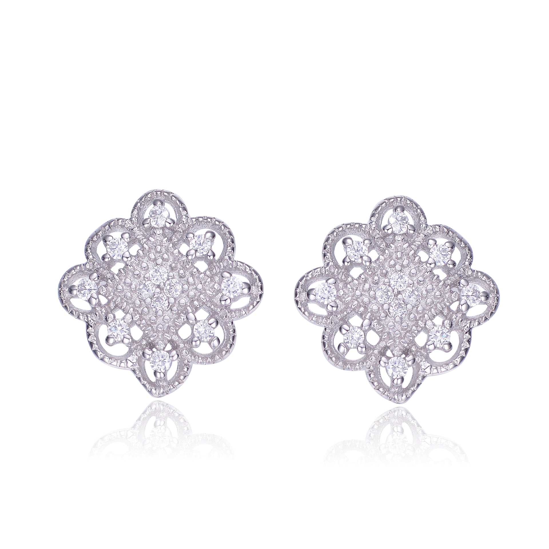 Sterling Silver Cubic Zirconia Floral Stud Earrings