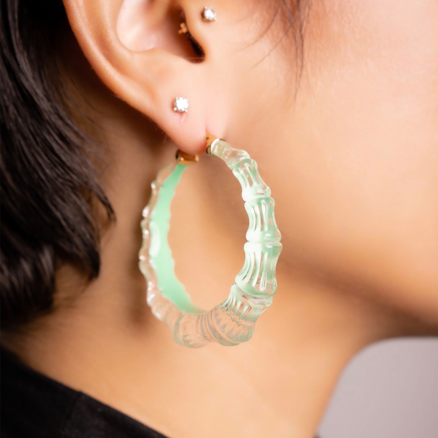 Bamboo Illusion Hoop Earrings In Mint Green