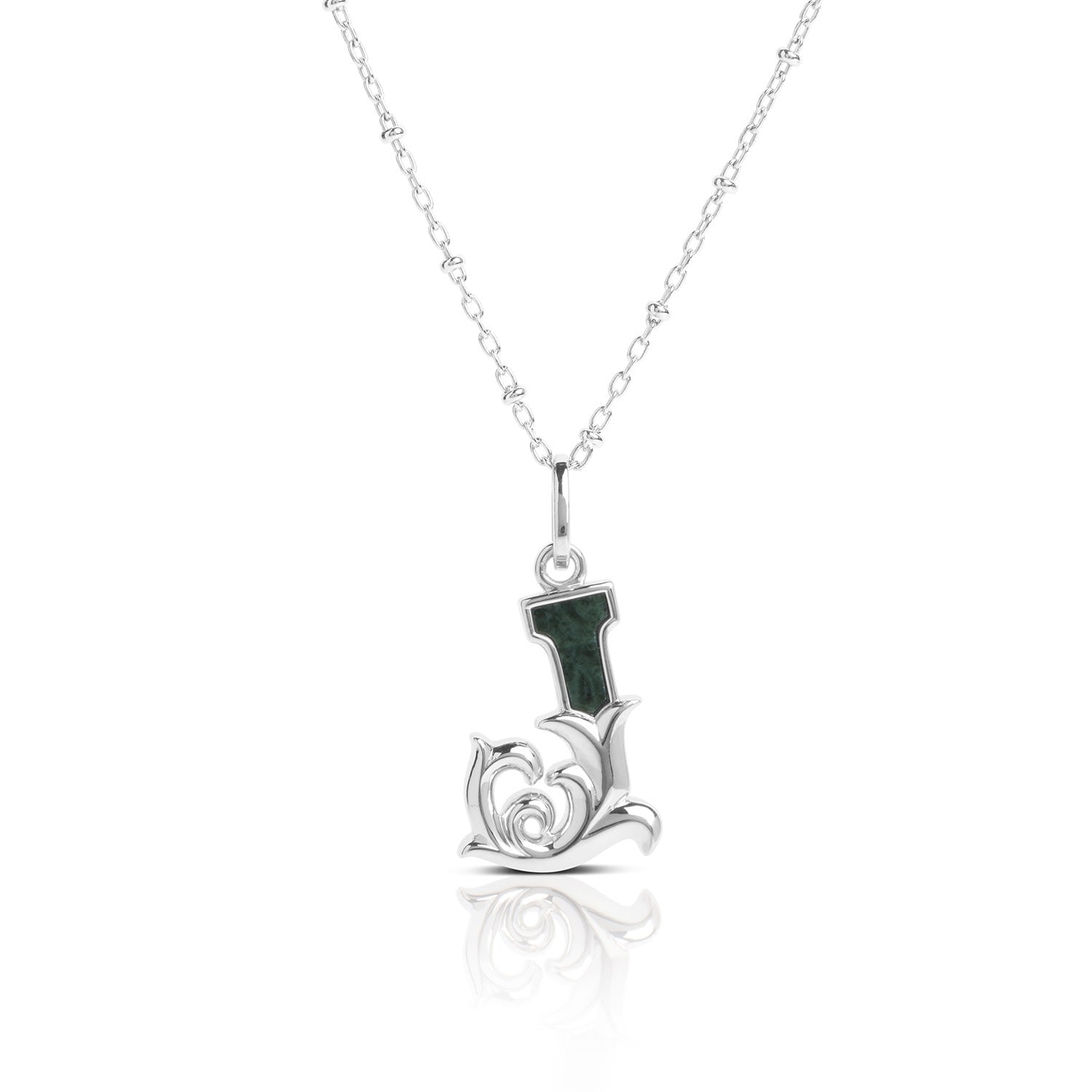 Solid Silver J Initial Necklace With Green Marble