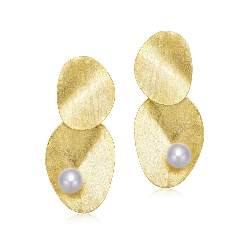 Sterling Silver 14k Yellow Gold Plated with Genuine Freshwater Pearl Unique Earrings
