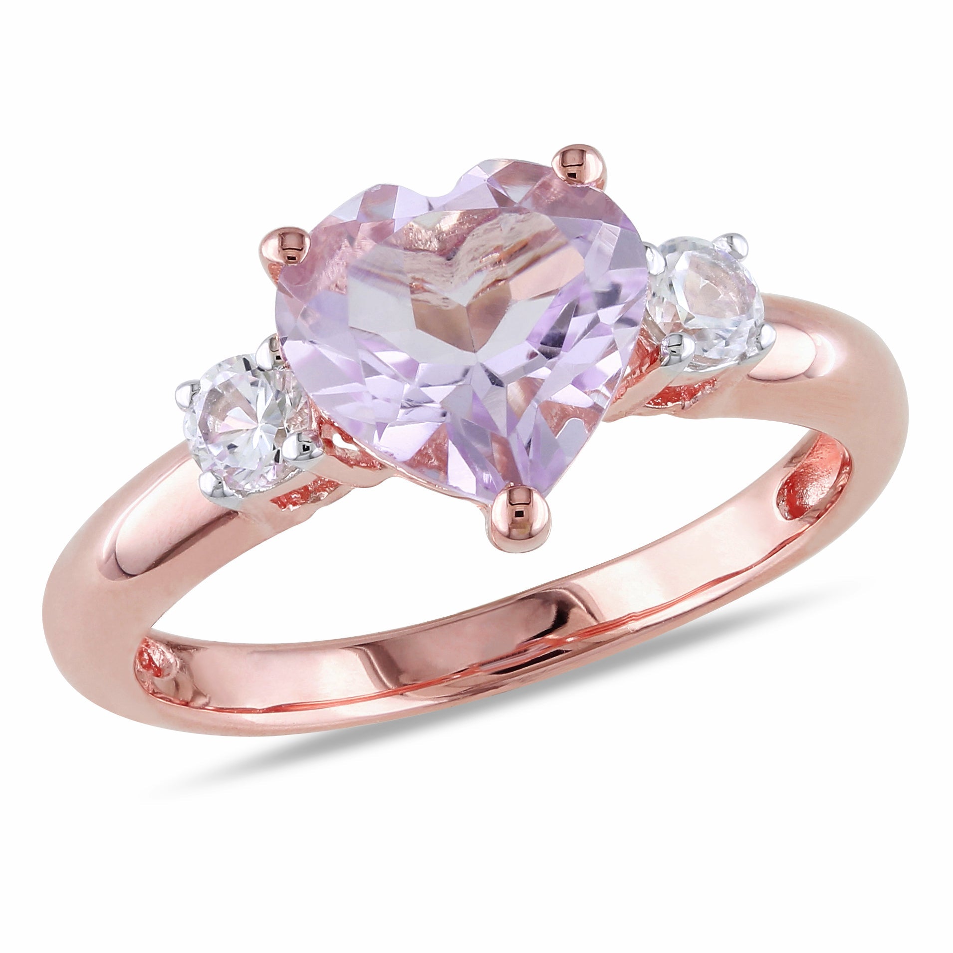 Rose de France and Created White Sapphire Heart Ring in Rose Plated Sterling Silver