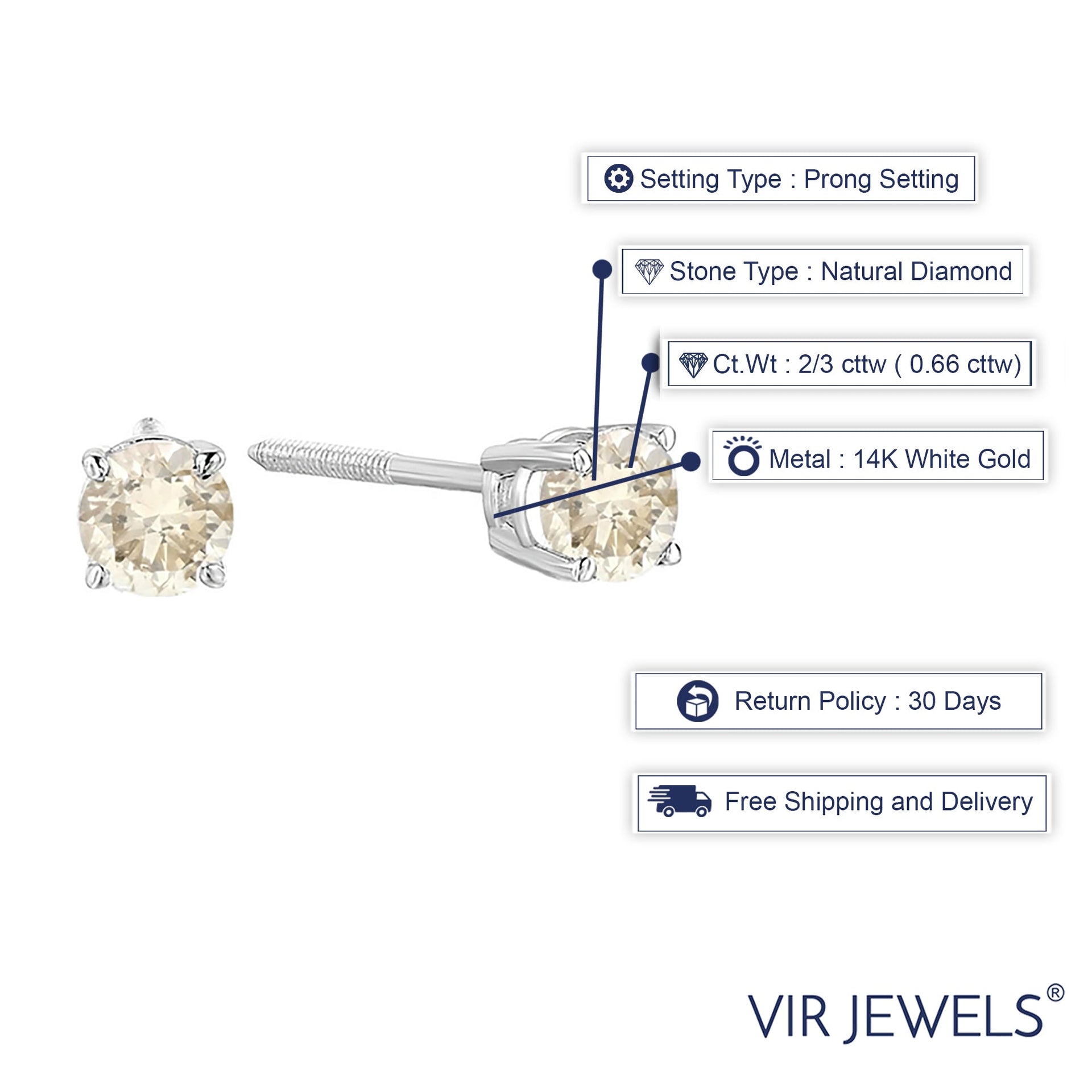 2/3 cttw Champagne Diamond Stud Earrings 14K White Gold Round with Screw Backs