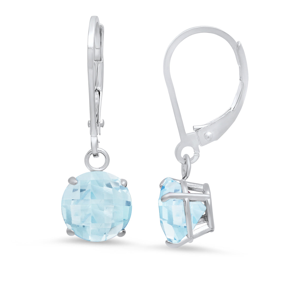 Sterling Silver Round Checkerboard Cut Gemstone Leverback Earrings (8mm)