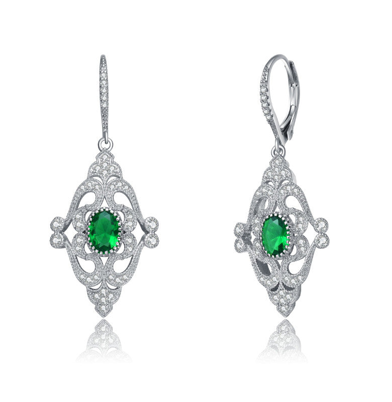 Sterling Silver White Gold Plating with Emerald Green Cubic Zirconia Leverback Earrings