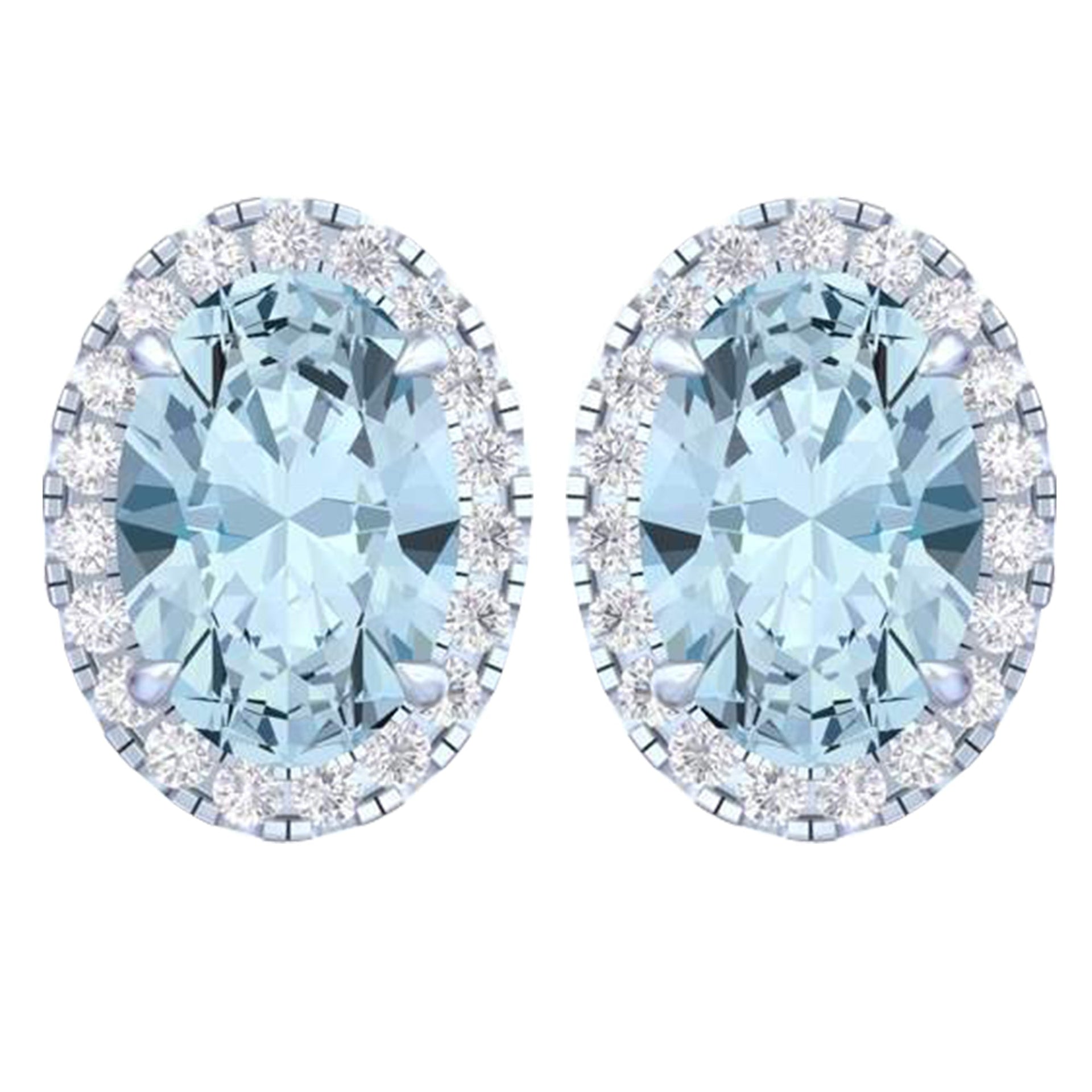 14k White Gold Vivid Blue Oval Cut 4.60 CT Lab-grown Diamond Halo Stud Earrings
