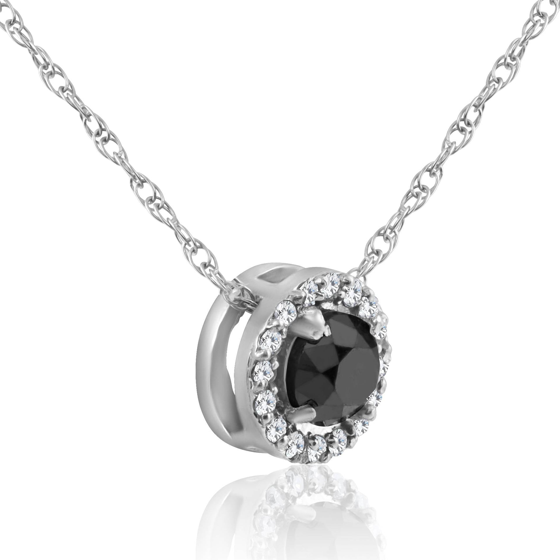 1/2 ct Black & White Diamond Pave Halo Solitaire Pendant Necklace 14K White Gold
