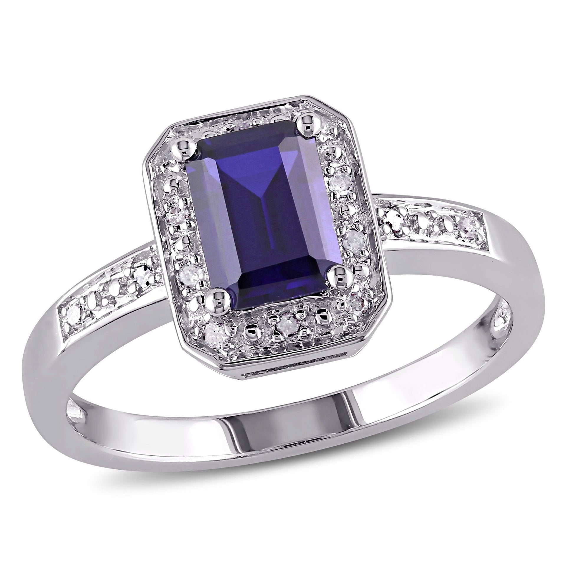 Mimi & Max 1 3/5ct TGW Emerald Cut Created Blue Sapphire and Diamond Accent Ring in Sterling Silver