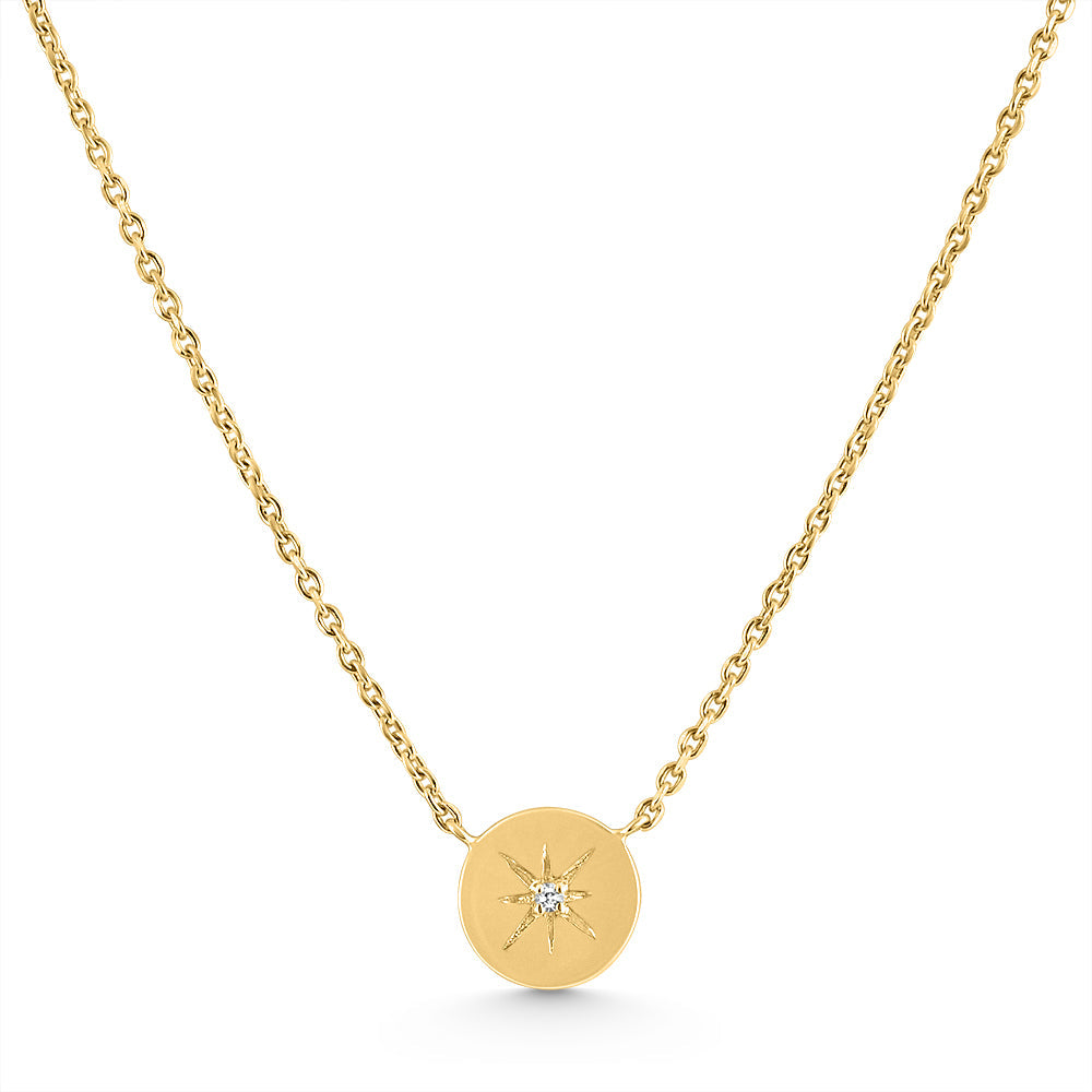 Diamond Disc Starburst Pendant 14k Yellow Gold Necklace 18'