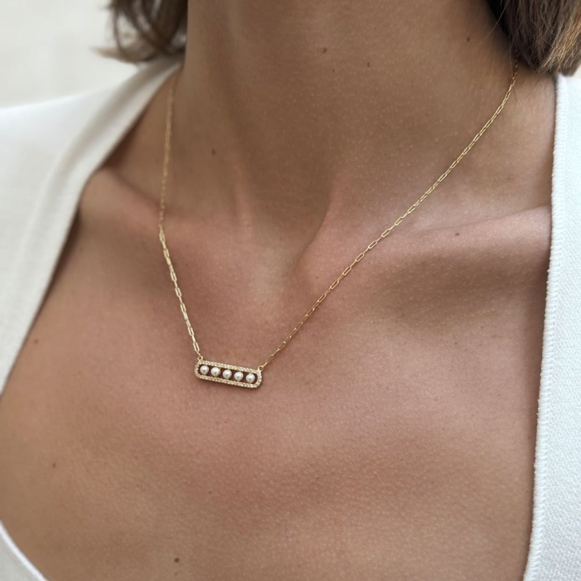 14k Gold Plated Pearl Pave Bar Necklace