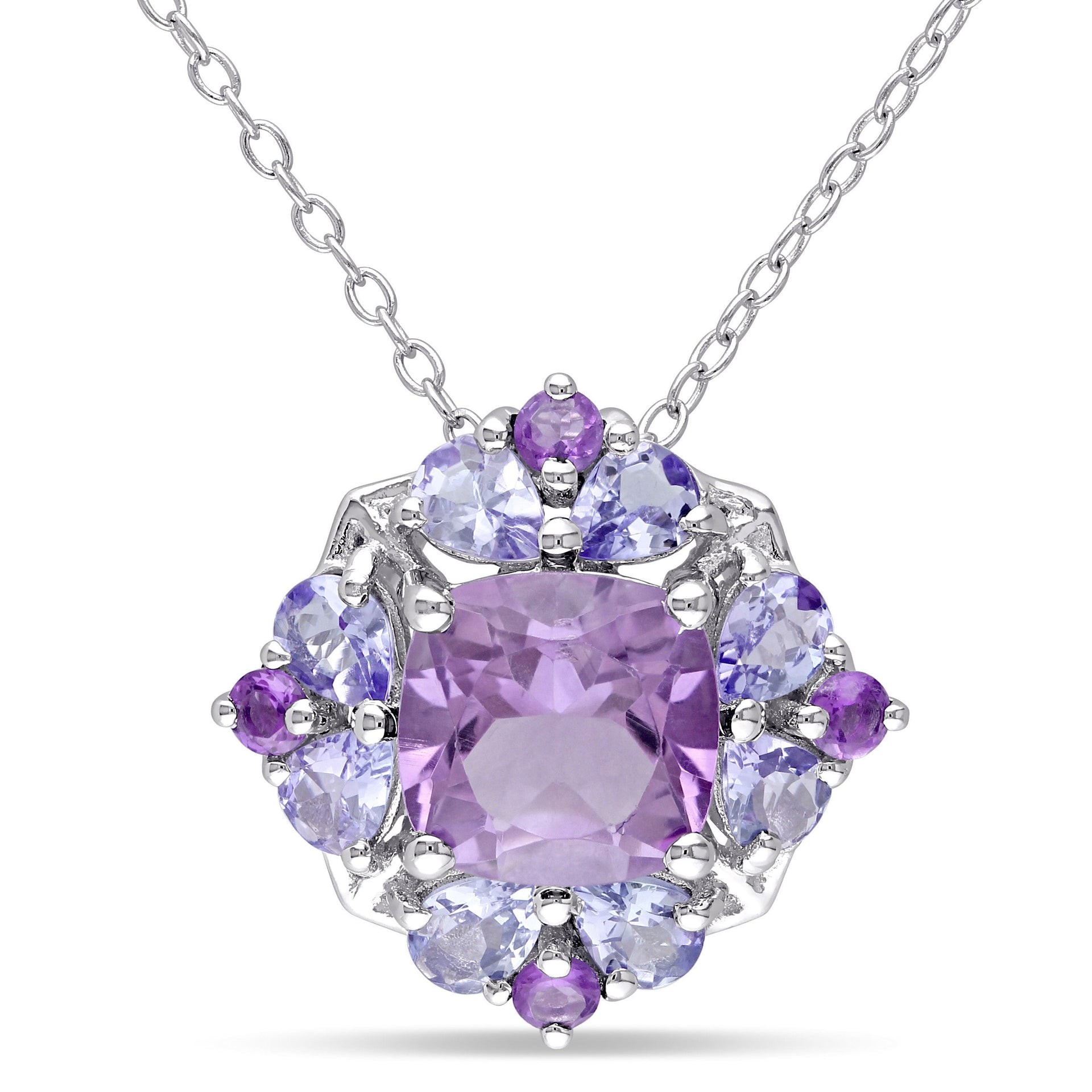 3ct TW Amethyst and Tanzanite Quatrefoil Floral Necklace in Sterling Silver