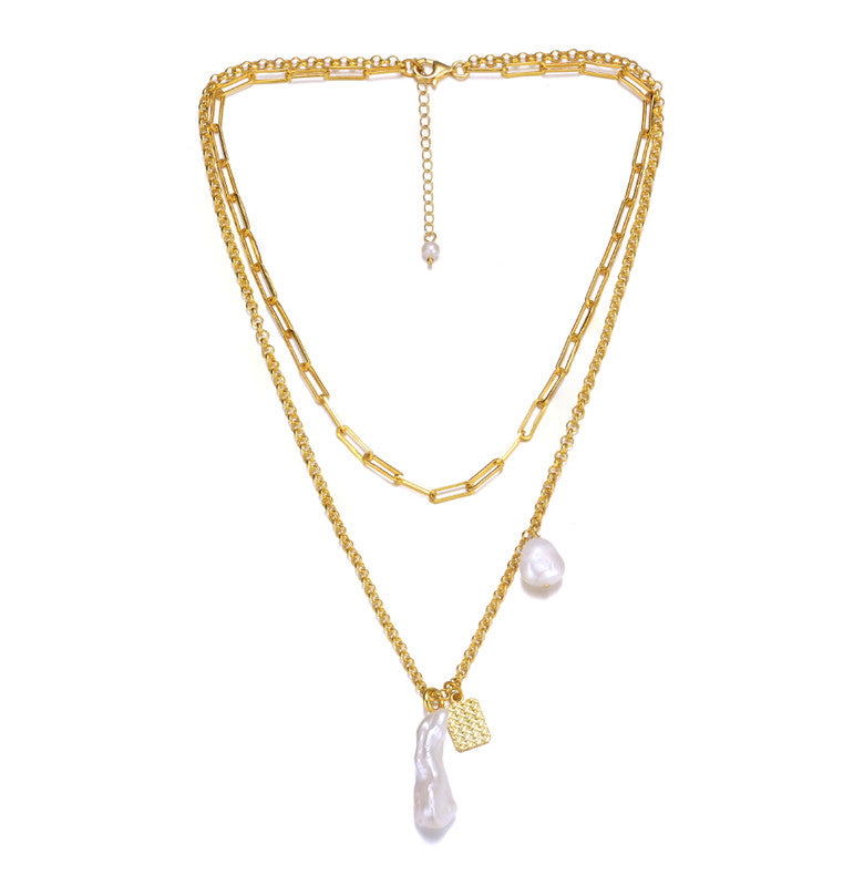 Sterling Silver 14K Gold Plated With Genuine Freshwater Pearl Lobster Claw Layered Necklace