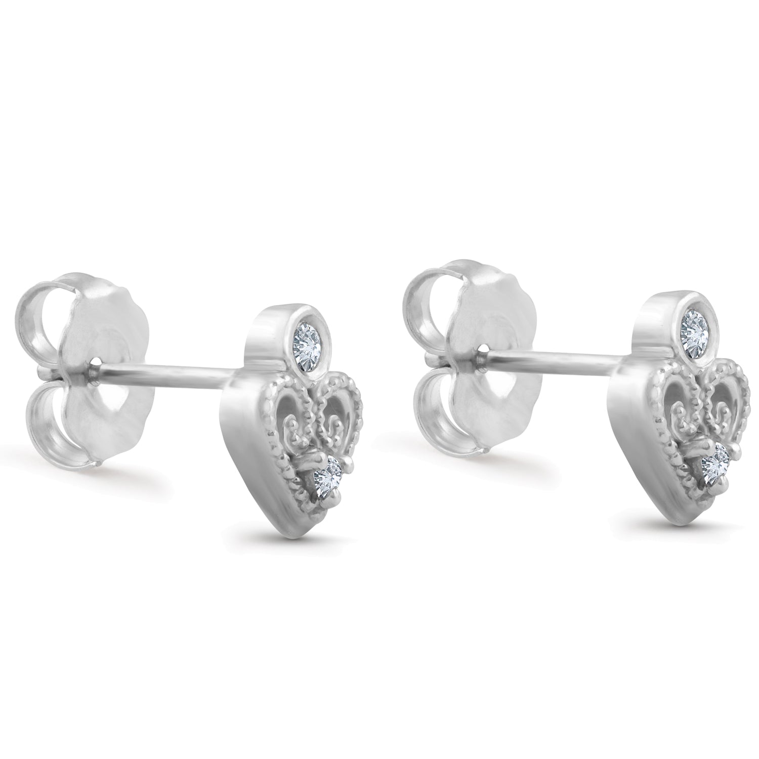 Vintage Diamond Heart Studs Petite 14k White Gold