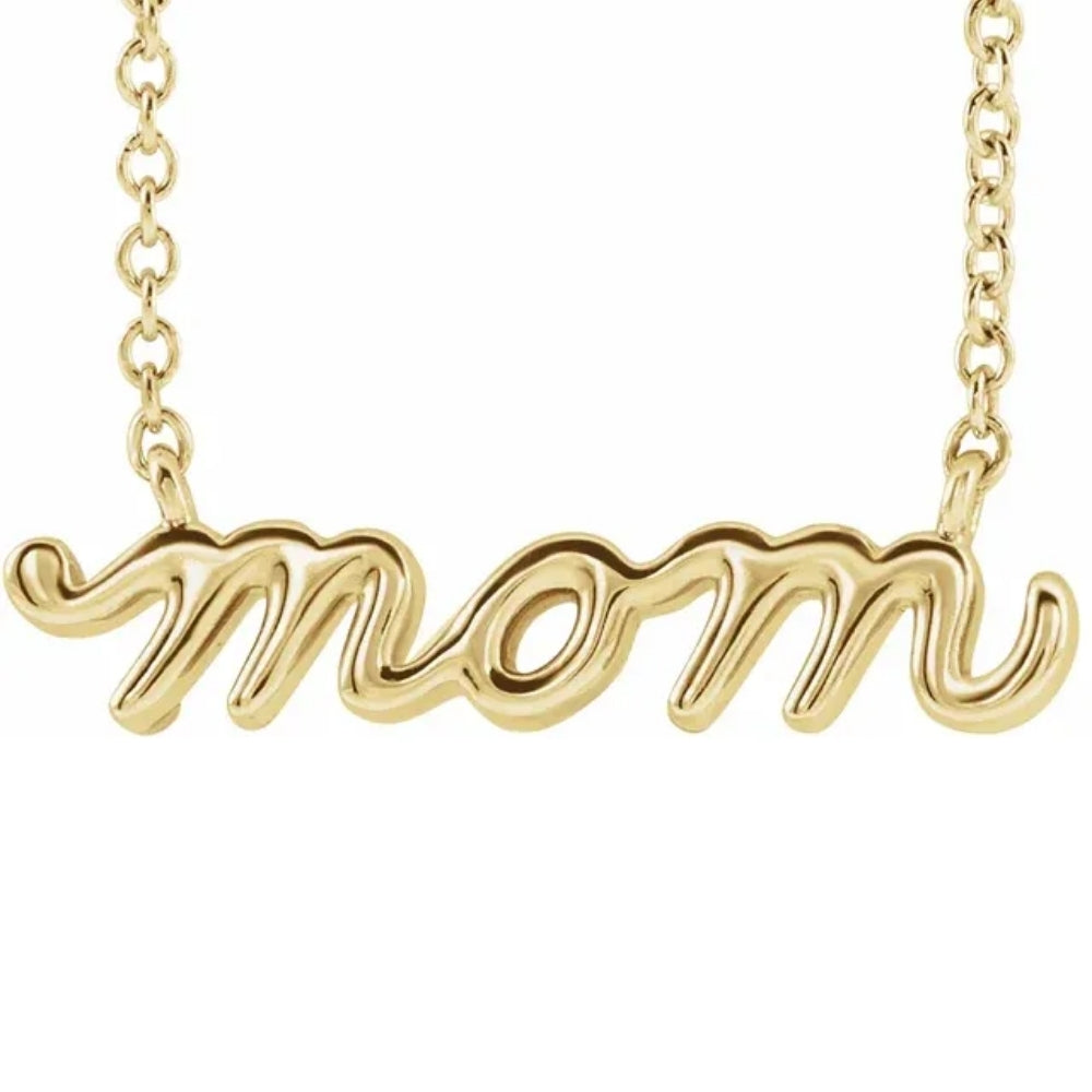 14K Yellow Petite Mom Script Pendant 18' Necklace 3/4' Wide