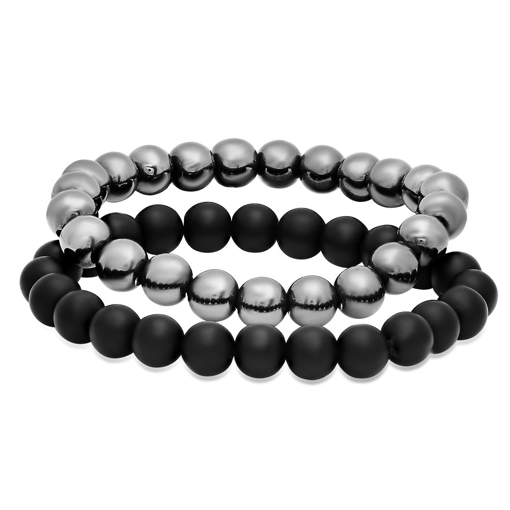 Polished Black Onyx and Hematite Stretch Bracelet, 7 inhes